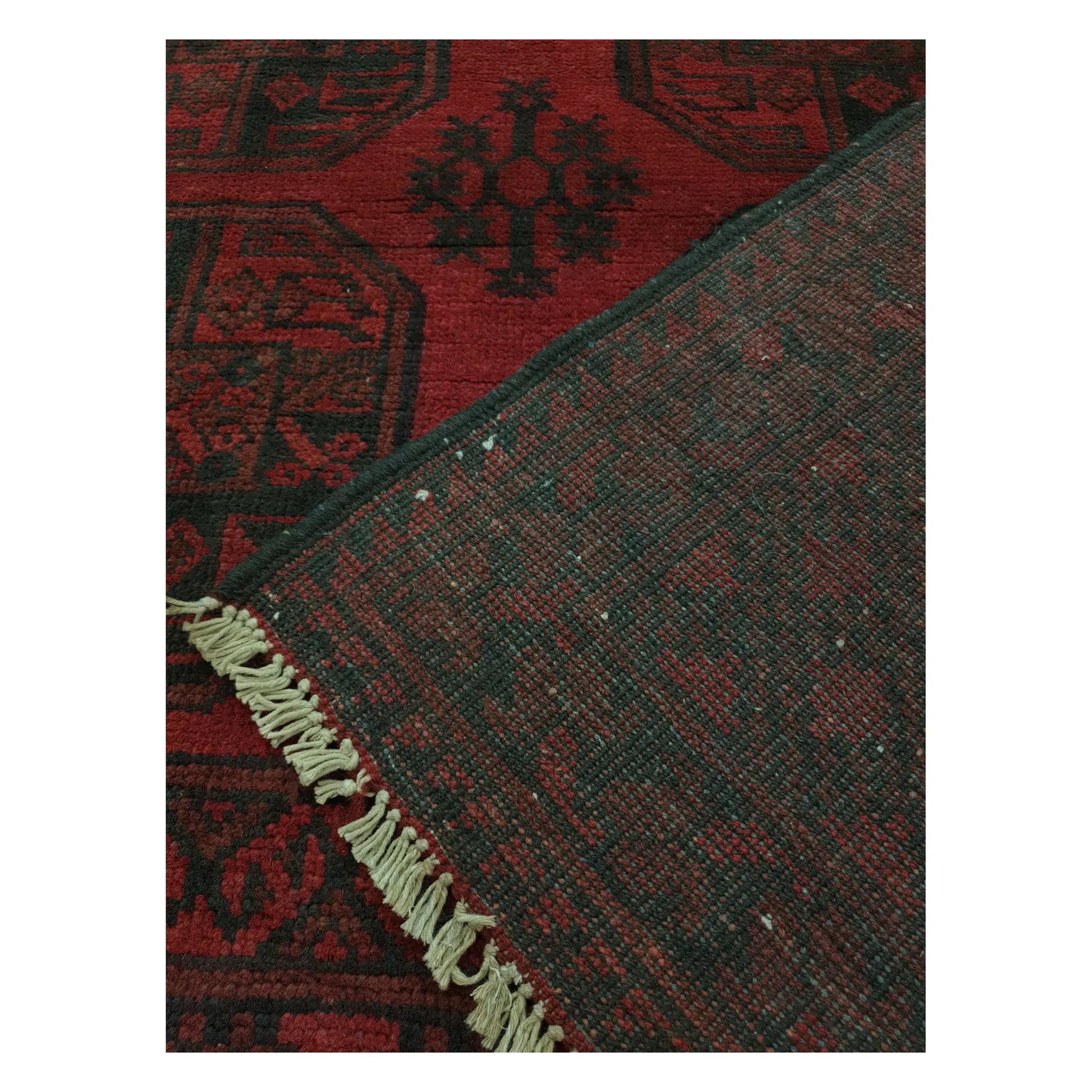 Corner detail of Afghan Turkoman rug showing front pattern and reverse weave, 291 x 203 cm