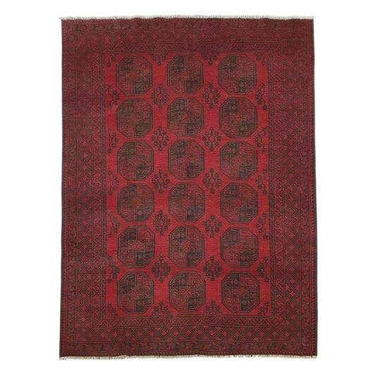 Full view of Afghan Turkoman hand-knotted wool rug with deep red field and repeating gul motifs, 291 x 203 cm