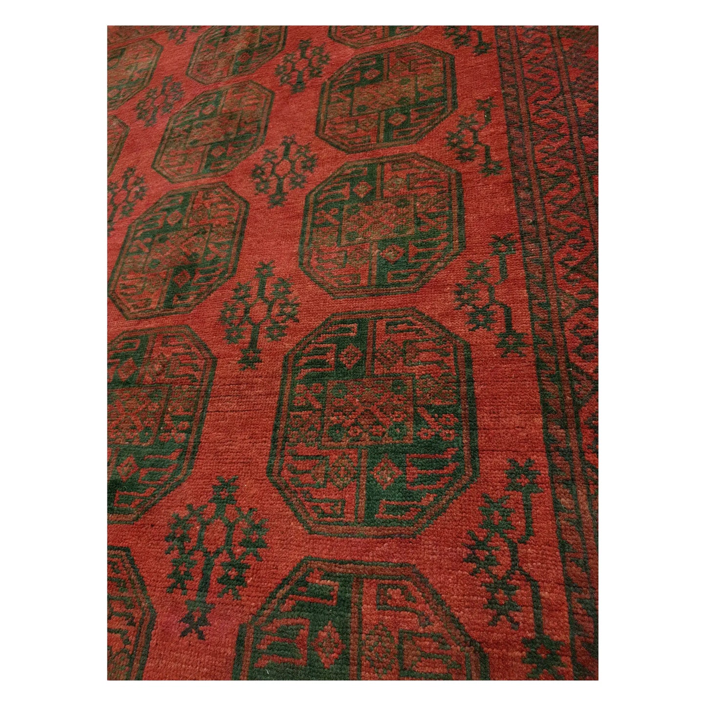 Close-up of Turkoman hand-knotted rug with repeating red gul pattern and dark tribal detailing, 291 x 203 cm