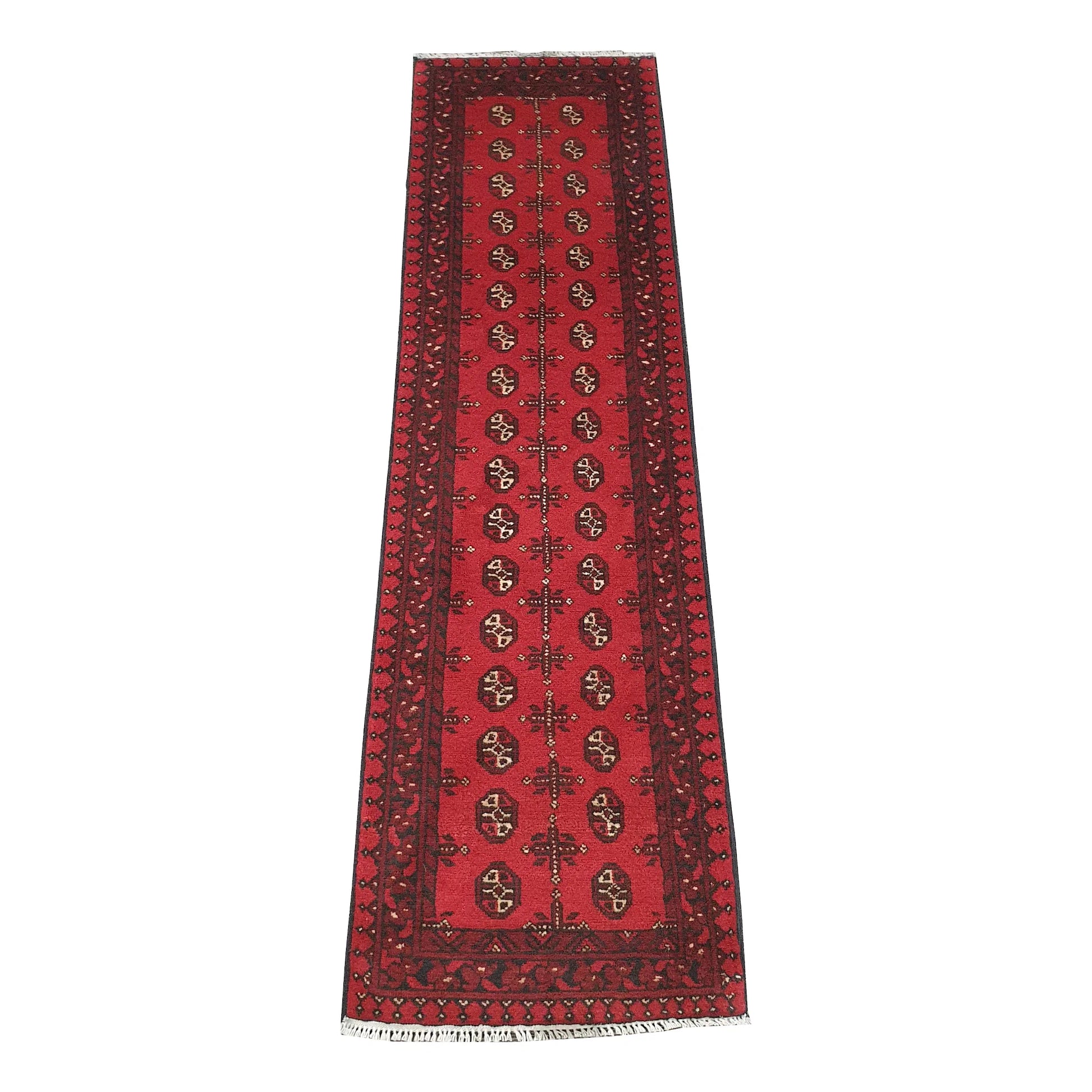Full view of Afghan Turkoman hand-knotted wool runner rug with red field and repeated gul-style motifs, 236 x 64 cm