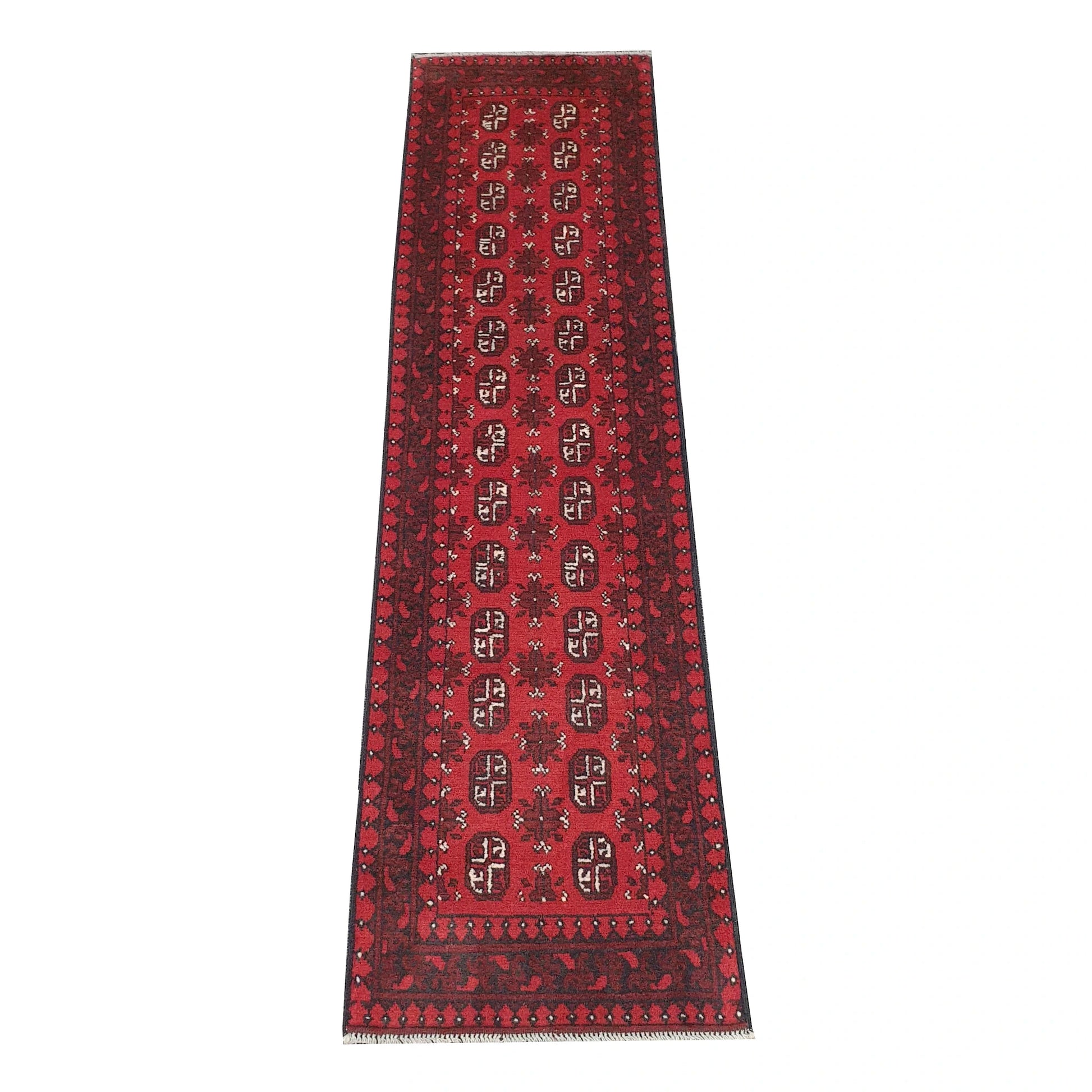 Full view of Afghan Turkoman hand-knotted wool runner rug with red field and repeated gul-style motifs, 239 x 64 cm
