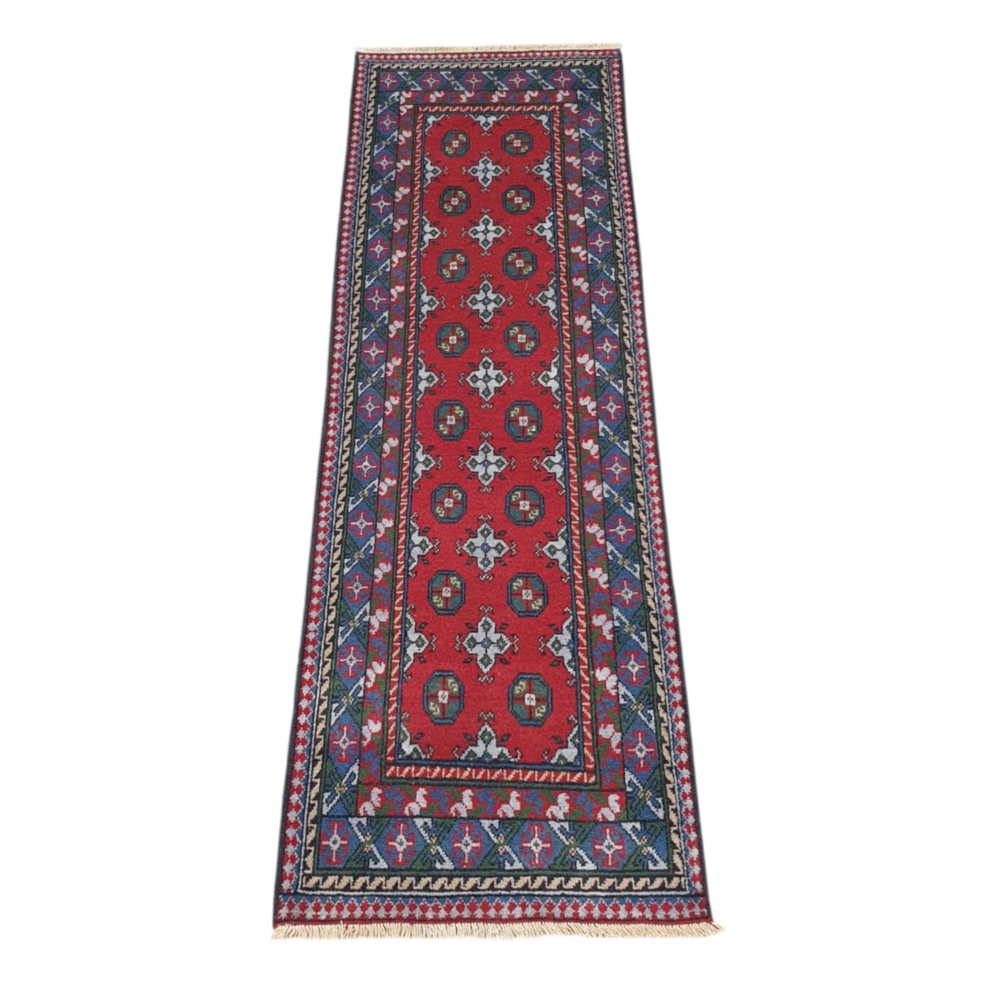 Afghan Turkoman hand-knotted wool runner rug 249 x 81 cm full view with red field and deep blue gul motifs