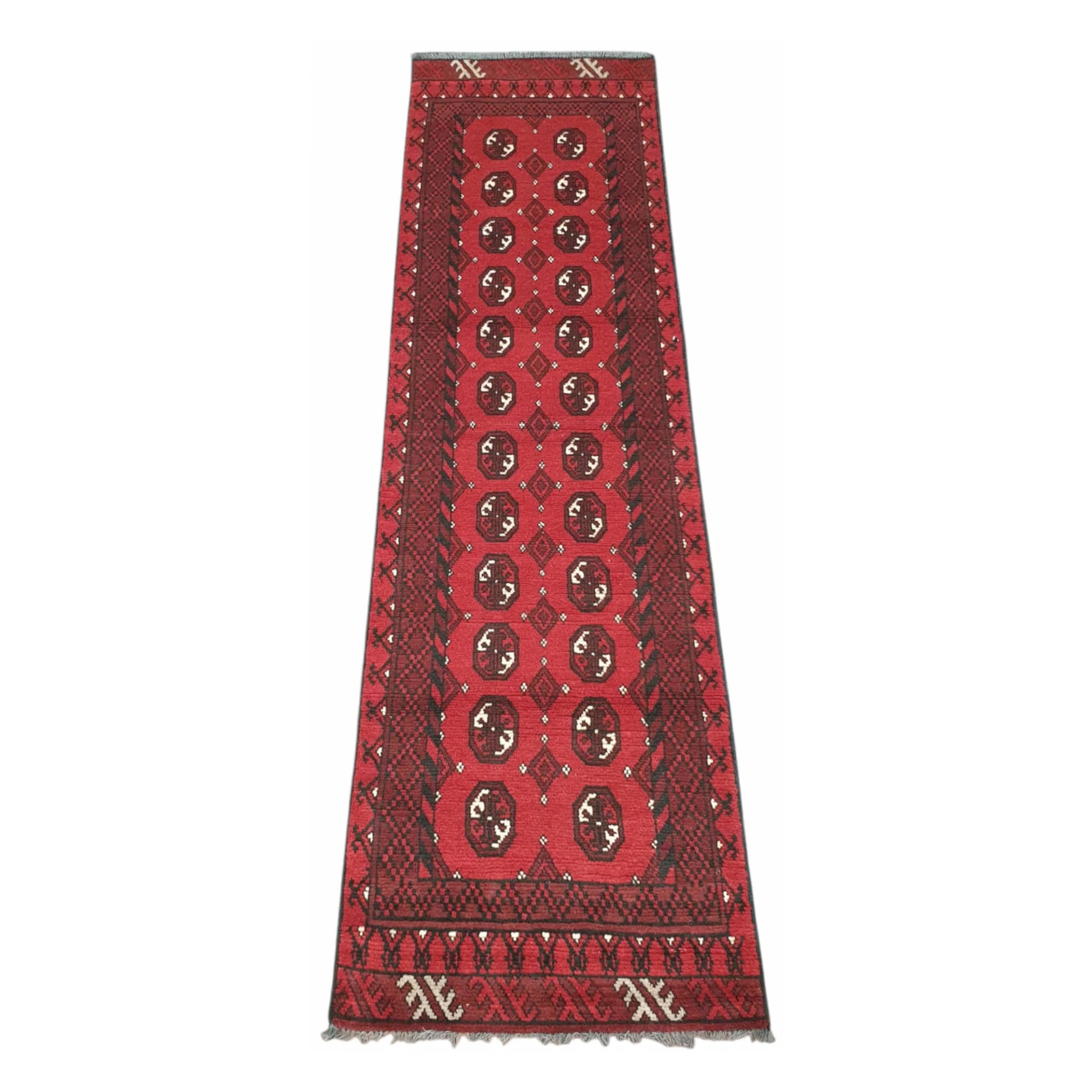 Afghan Turkoman hand-knotted wool runner rug 283 x 79 cm full view with red field and dark geometric gul motifs