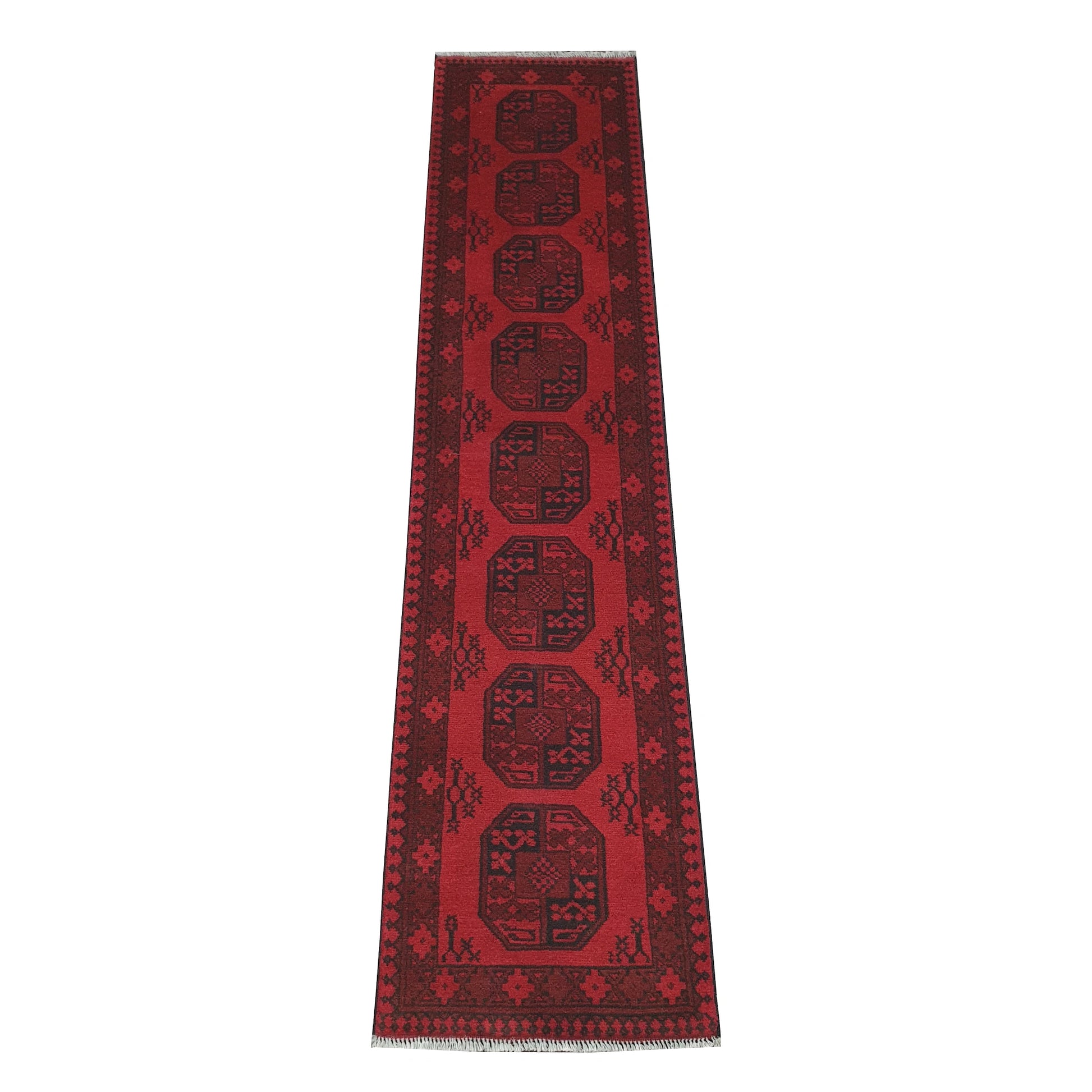 Full view of Afghan Turkoman hand-knotted wool runner rug with red field and repeated gul-style medallions, 291 x 64 cm