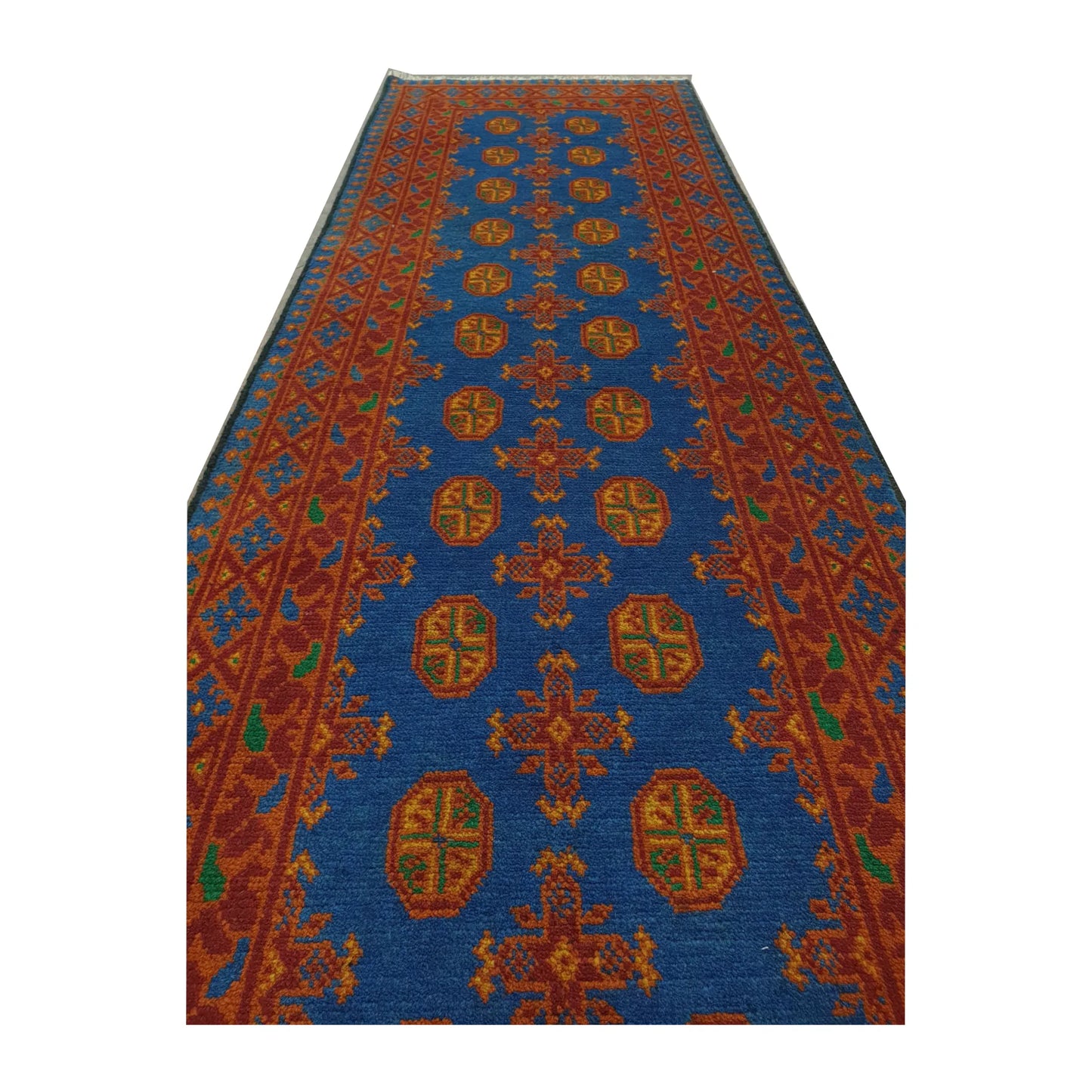 Angled view of Afghan Turkoman wool runner rug showing blue field, orange motifs and geometric border