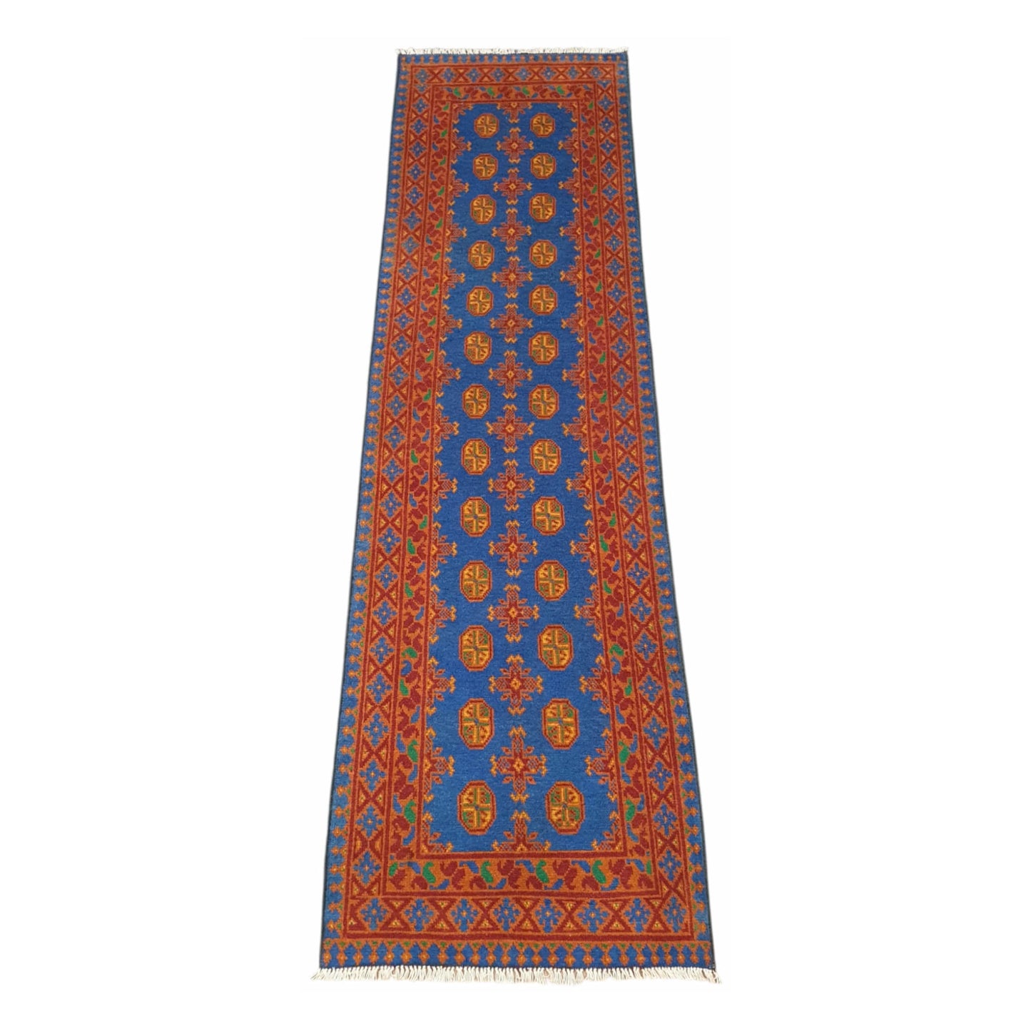 Full view of Afghan Turkoman hand-knotted wool runner rug with blue field and orange gul-style motifs, 293 x 82 cm