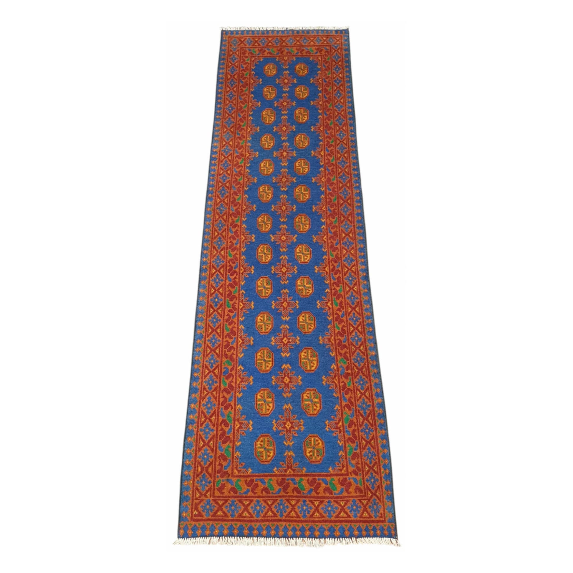 Full view of Afghan Turkoman hand-knotted wool runner rug with blue field and orange gul-style motifs, 293 x 82 cm
