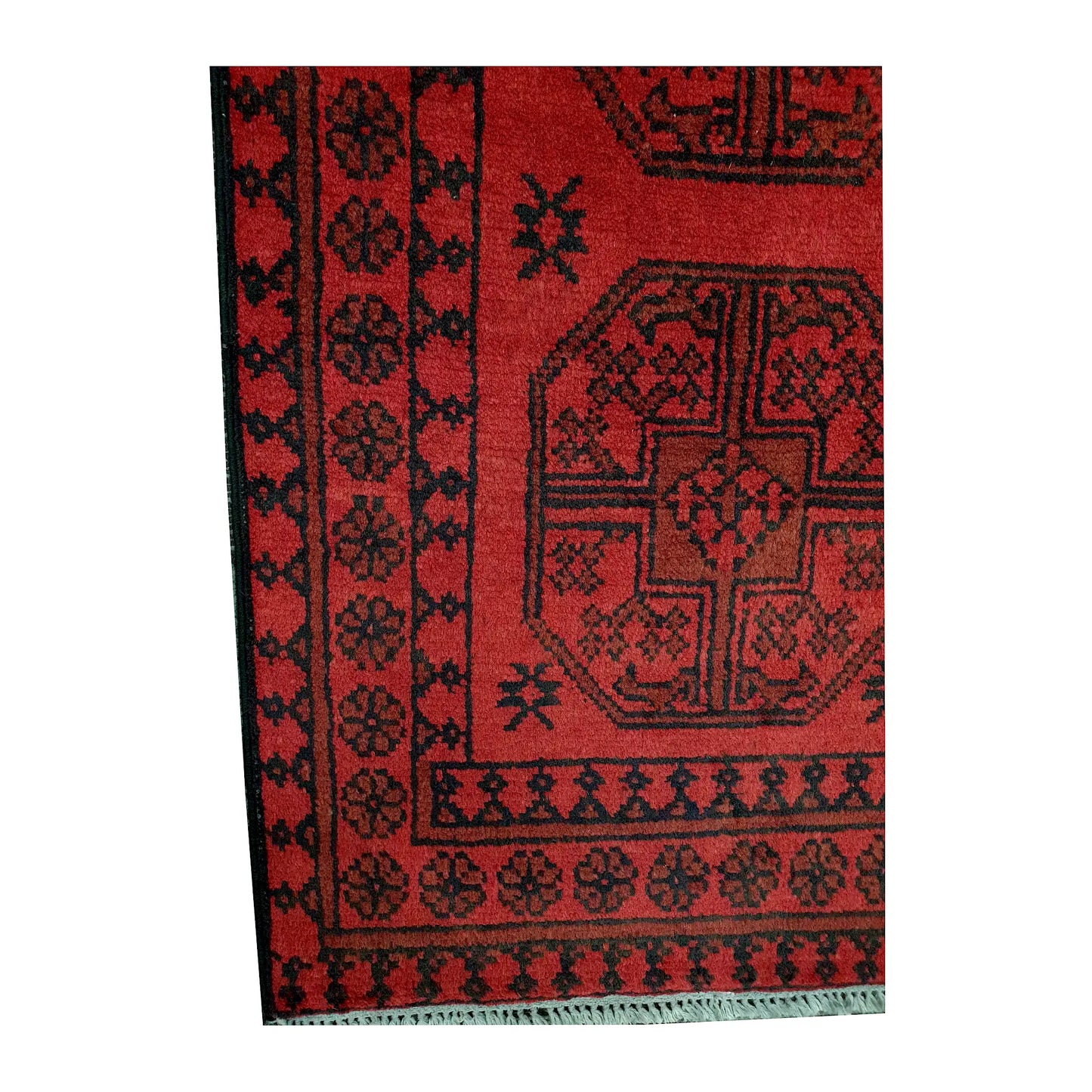 Border and field detail of Afghan Turkoman hand-knotted wool runner rug showing red pile, dark medallions and geometric border
