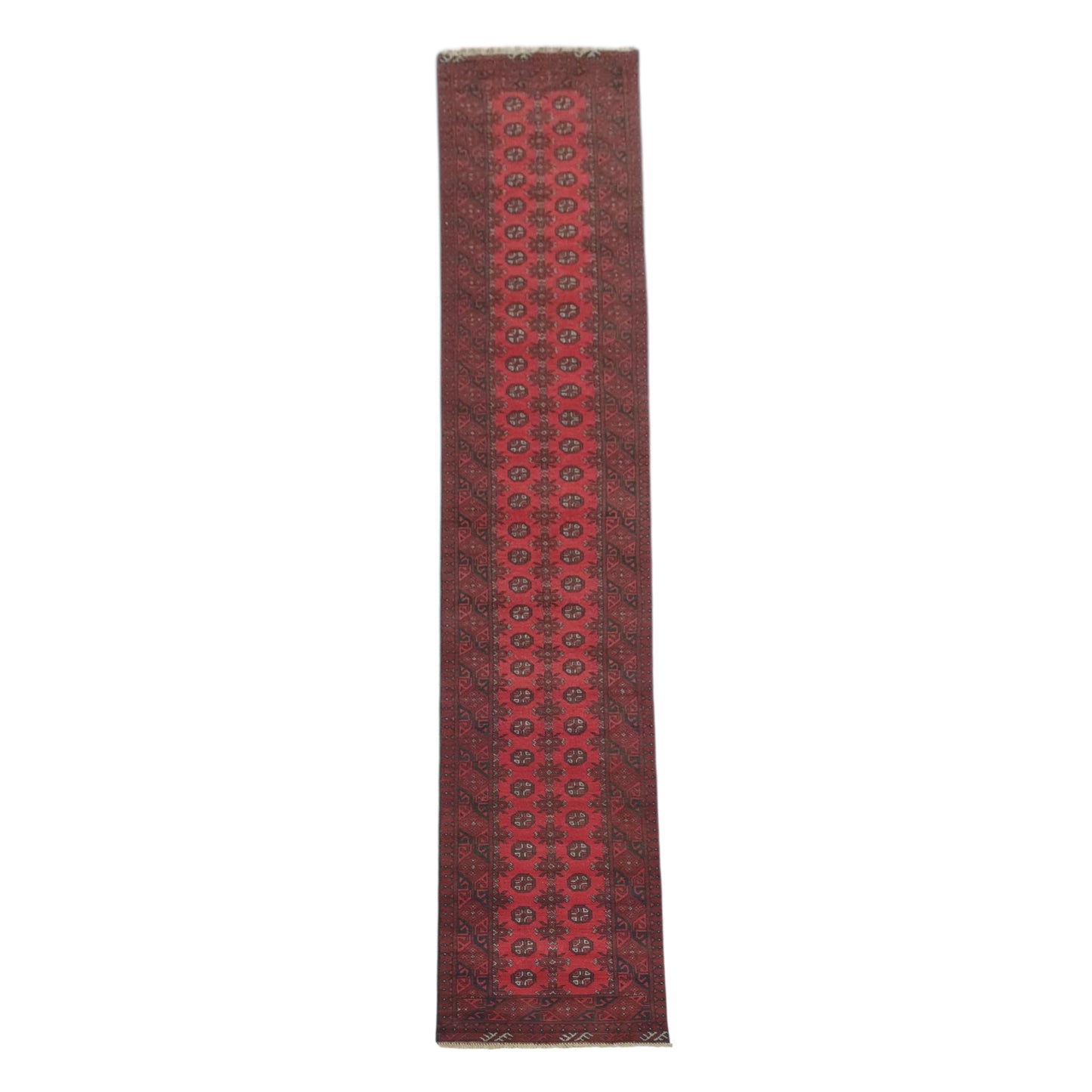 Full view of Afghan Turkoman hand-knotted wool runner rug with repeating red gul motifs, 568 x 75 cm