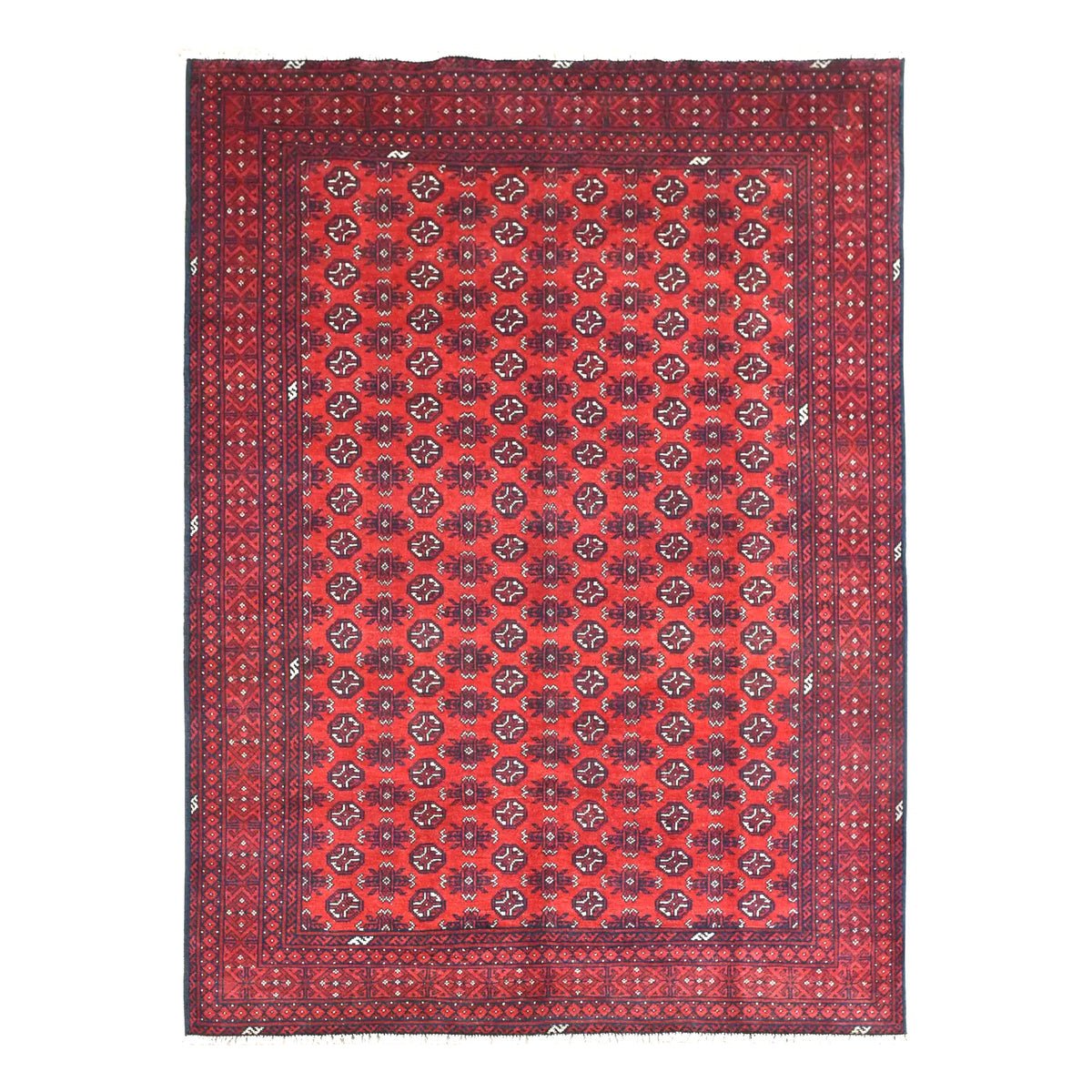 Full view of Afghan Turkoman hand-knotted wool rug with a deep red field of alternating dark motifs and geometric borders, 295 x 195 cm