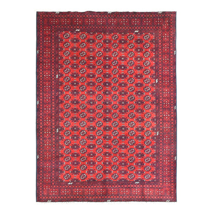Full view of Afghan Turkoman hand-knotted wool rug with a deep red field of alternating dark motifs and geometric borders, 295 x 195 cm