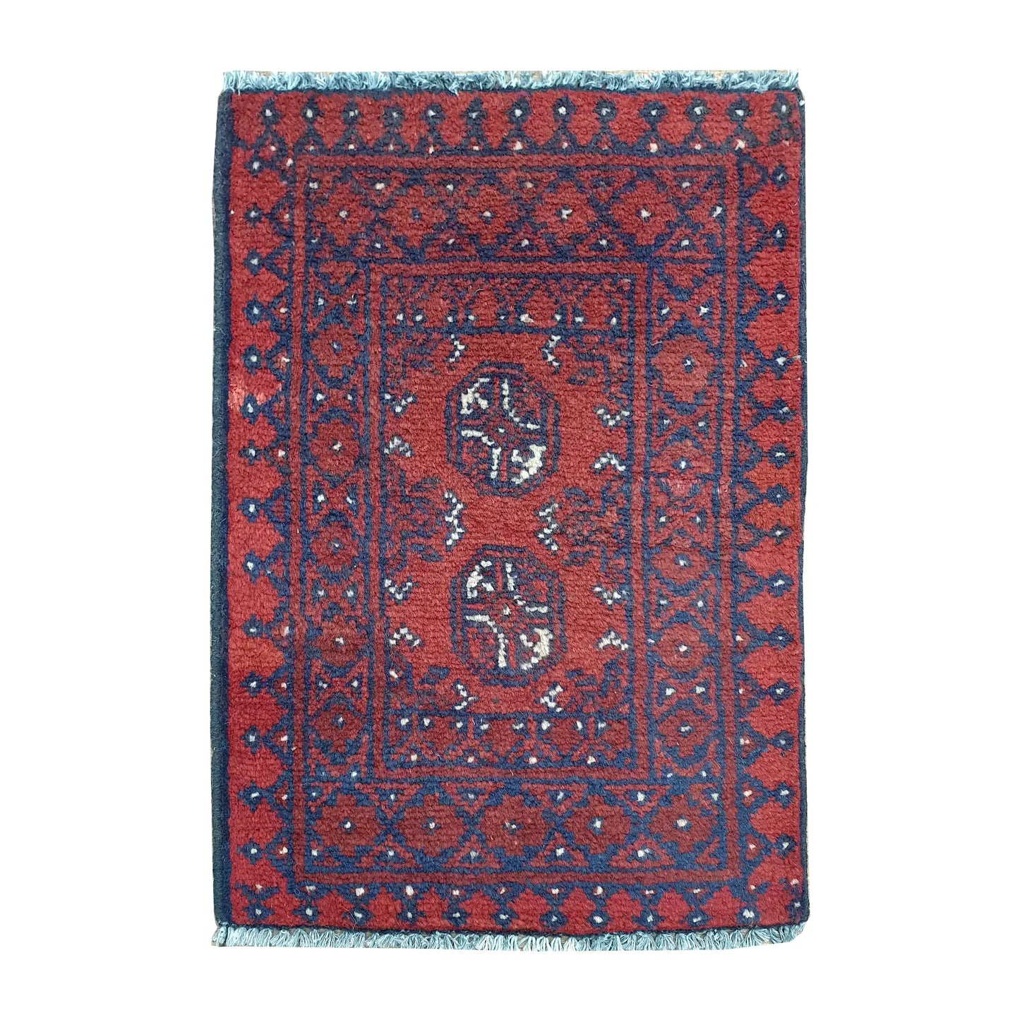 Afghan Turkoman red wool rug 66 x 48 cm full view with twin octagonal gul medallions and layered tribal border