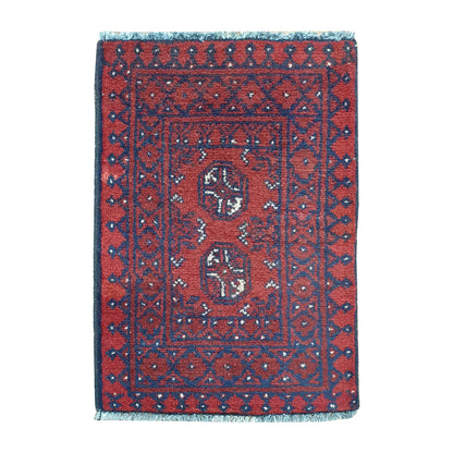 Afghan Turkoman red wool rug 66 x 48 cm full view with twin octagonal gul medallions and layered tribal border