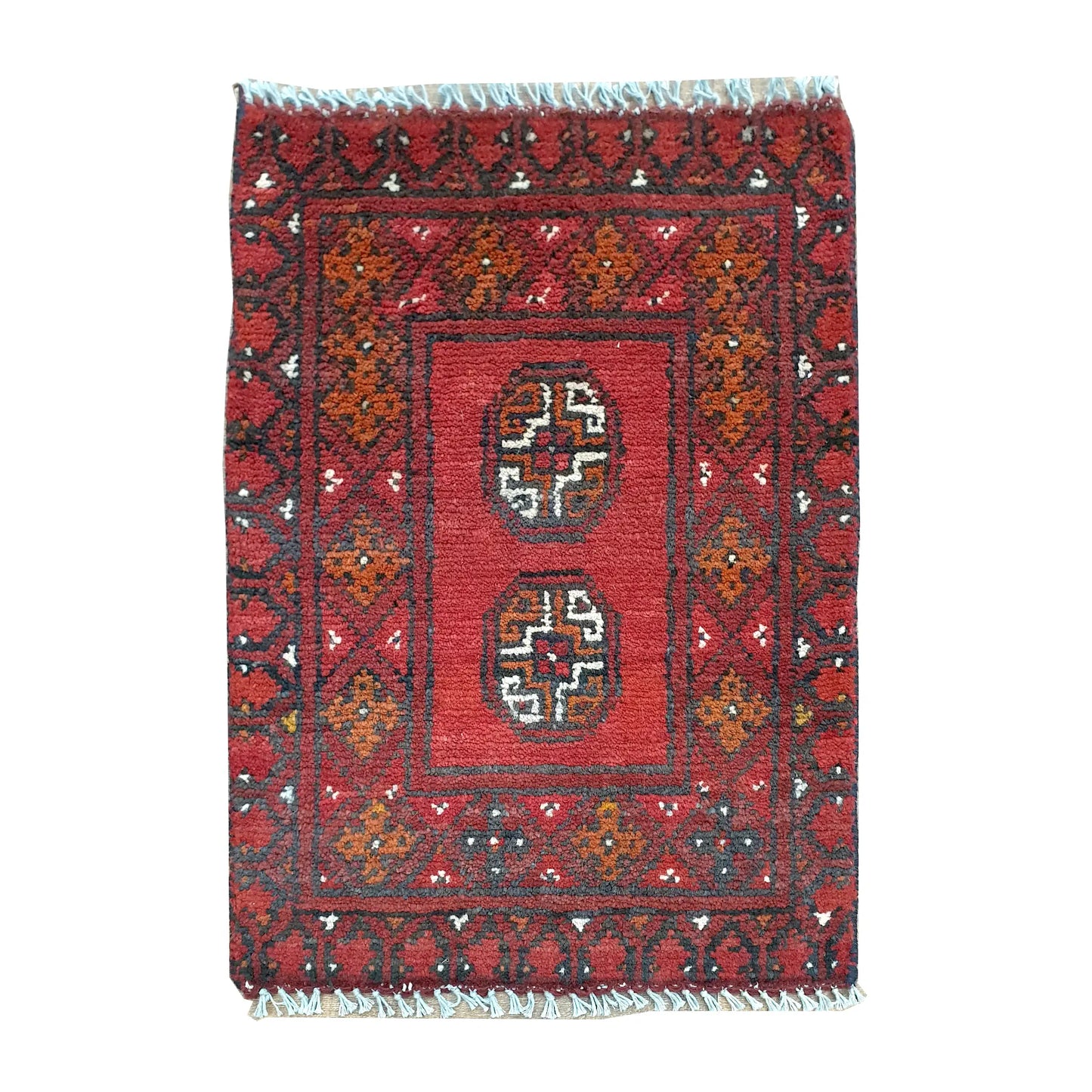 Afghan Turkoman red wool rug 66 x 50 cm full view with twin octagonal gul medallions and dark tribal border