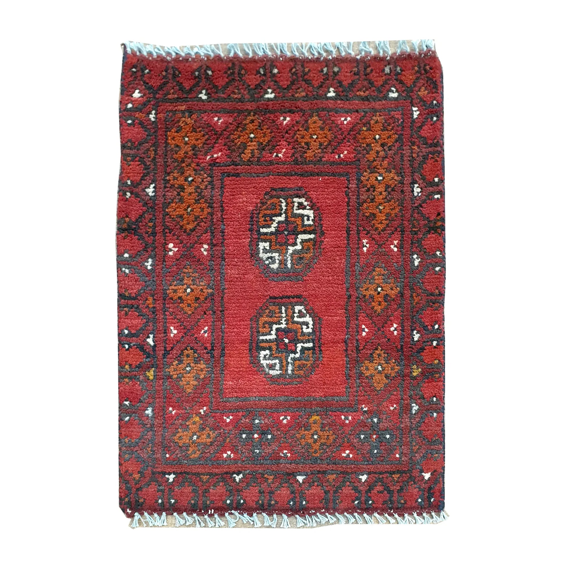 Afghan Turkoman red wool rug 66 x 50 cm full view with twin octagonal gul medallions and dark tribal border