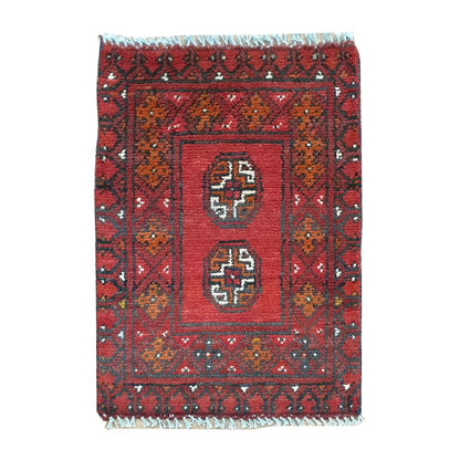 Afghan Turkoman red wool rug 66 x 50 cm full view with twin octagonal gul medallions and dark tribal border