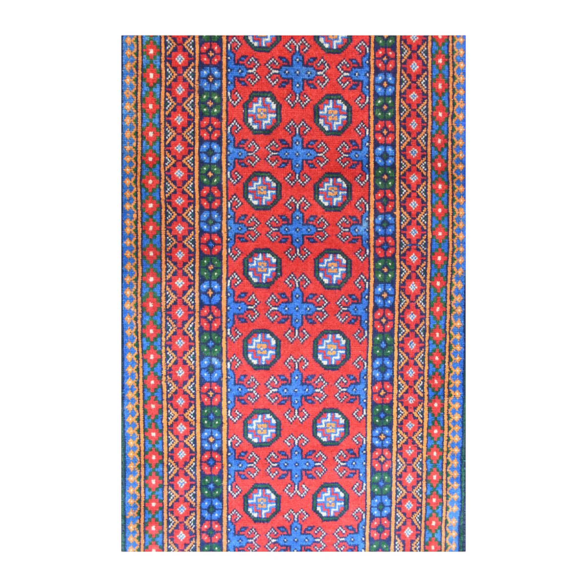 Field detail of Afghan Turkoman runner showing paired octagonal medallions and blue four-pointed motifs across the red ground