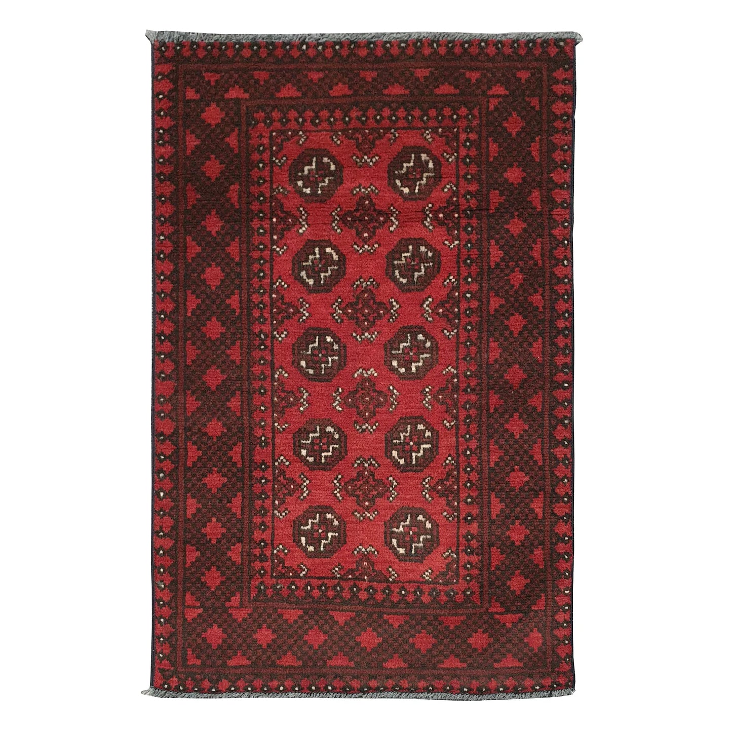 Afghan Turkoman rug 115 x 74 cm full view with red field, dark border and repeated gul medallion pattern