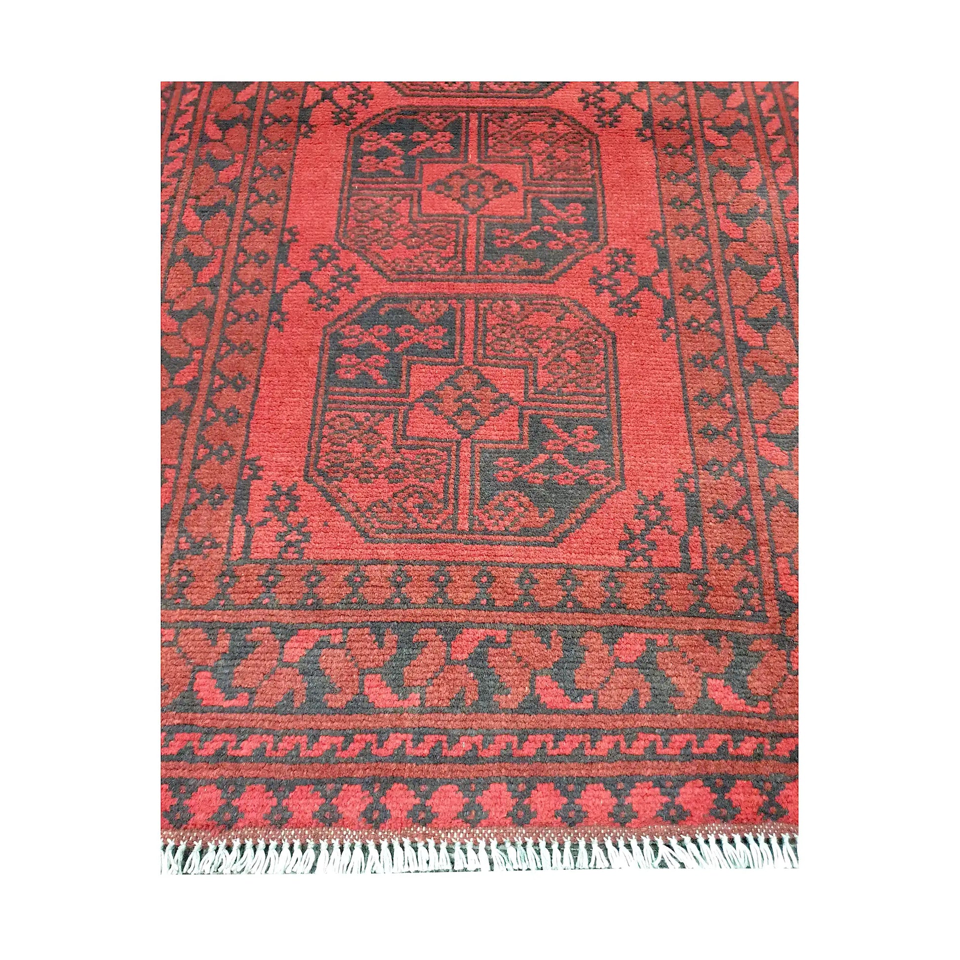 End field and fringe detail of Afghan Turkoman rug with red field, triple gul motifs and dark tribal border