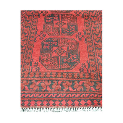 End field and fringe detail of Afghan Turkoman rug with red field, triple gul motifs and dark tribal border