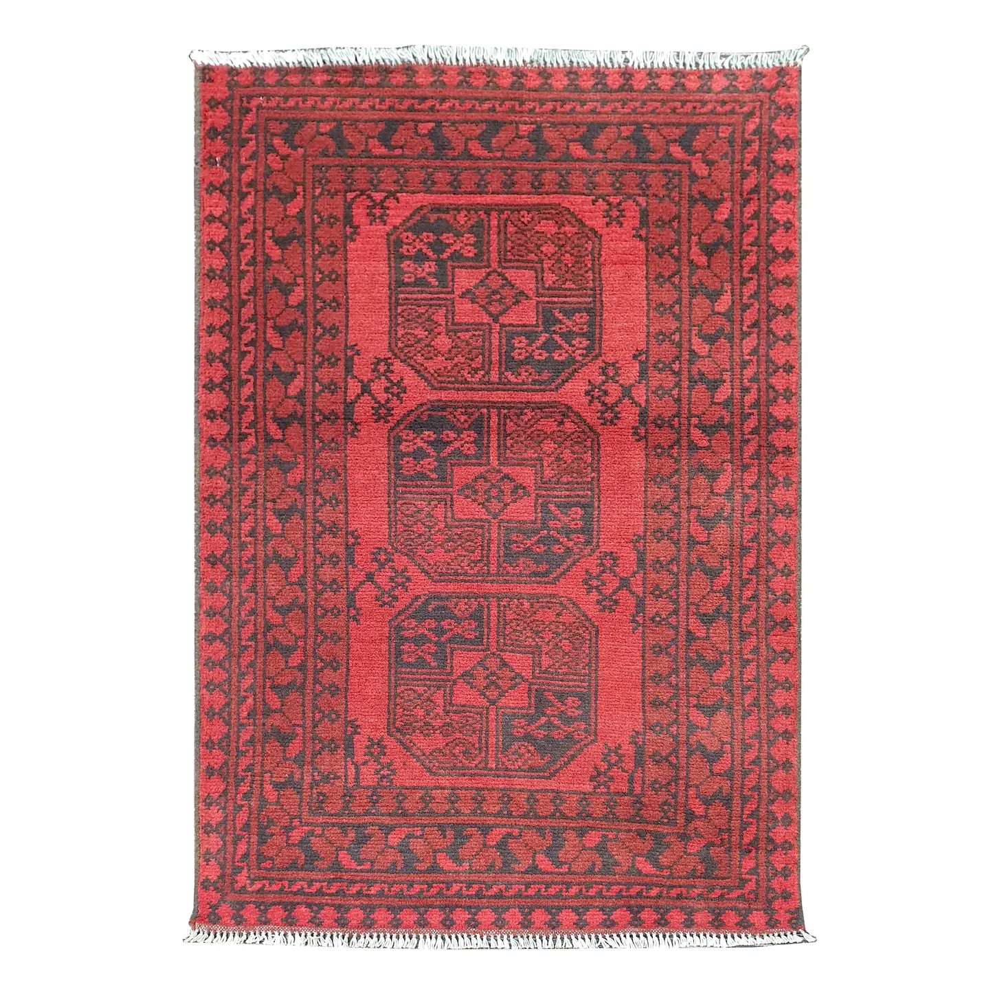 Afghan Turkoman rug 116 x 71 cm full view with red field, dark border and three gul medallions