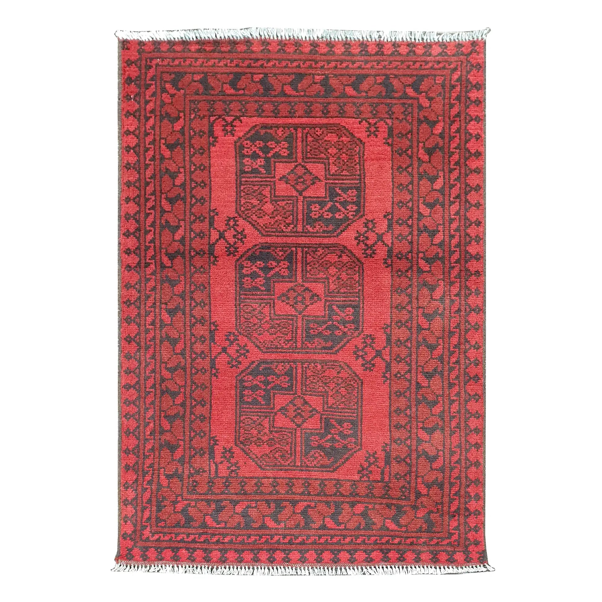 Afghan Turkoman rug 116 x 71 cm full view with red field, dark border and three gul medallions