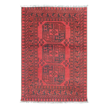 Afghan Turkoman rug 116 x 71 cm full view with red field, dark border and three gul medallions