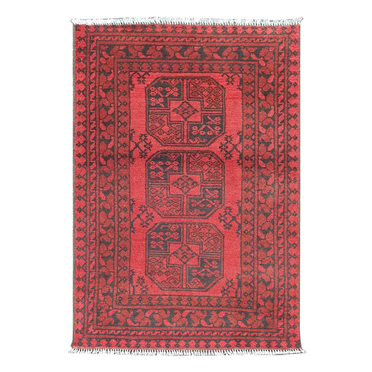 Afghan Turkoman rug 116 x 71 cm full view with red field, dark border and three gul medallions