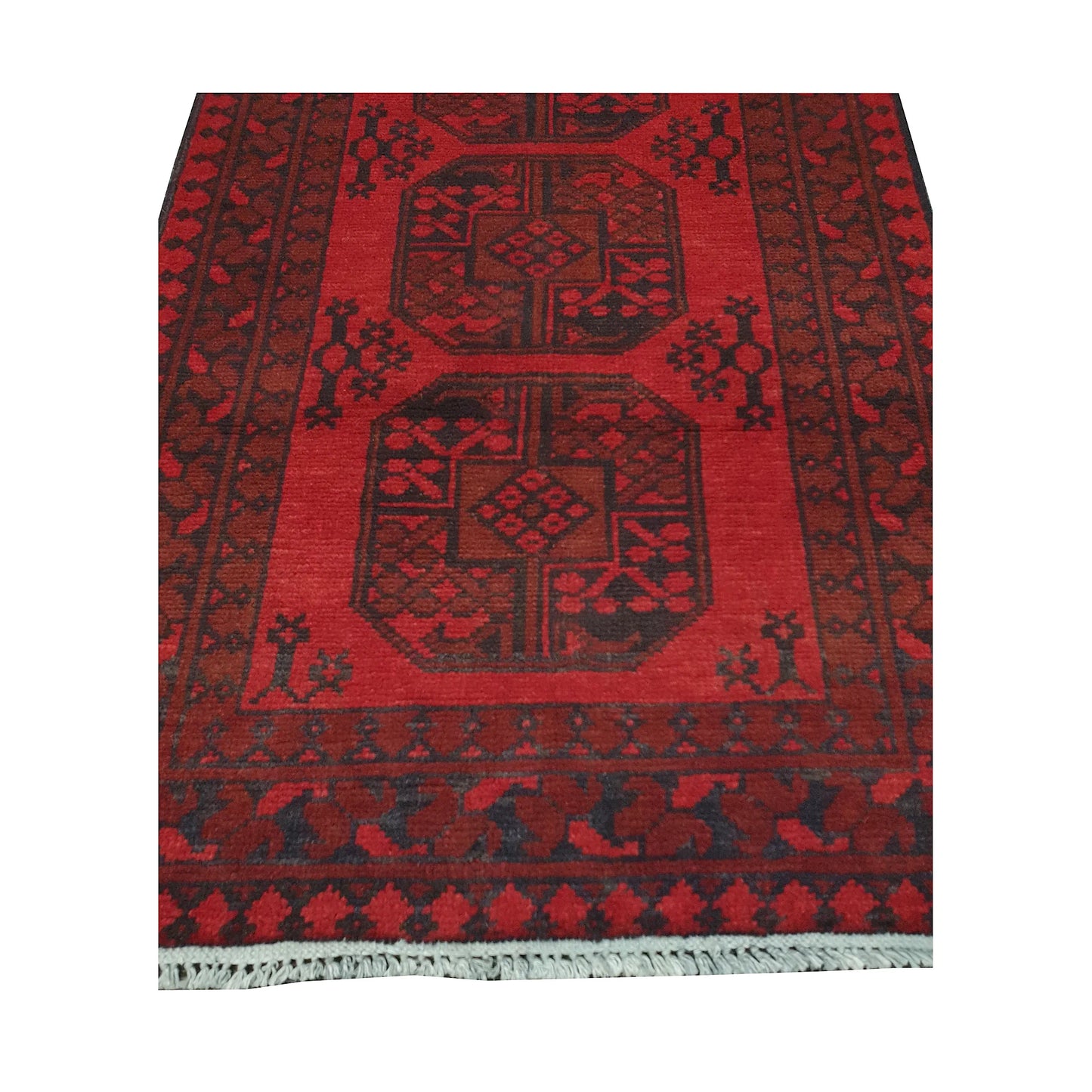 End field and fringe detail of Afghan Turkoman rug with red gul panel and charcoal tribal border pattern