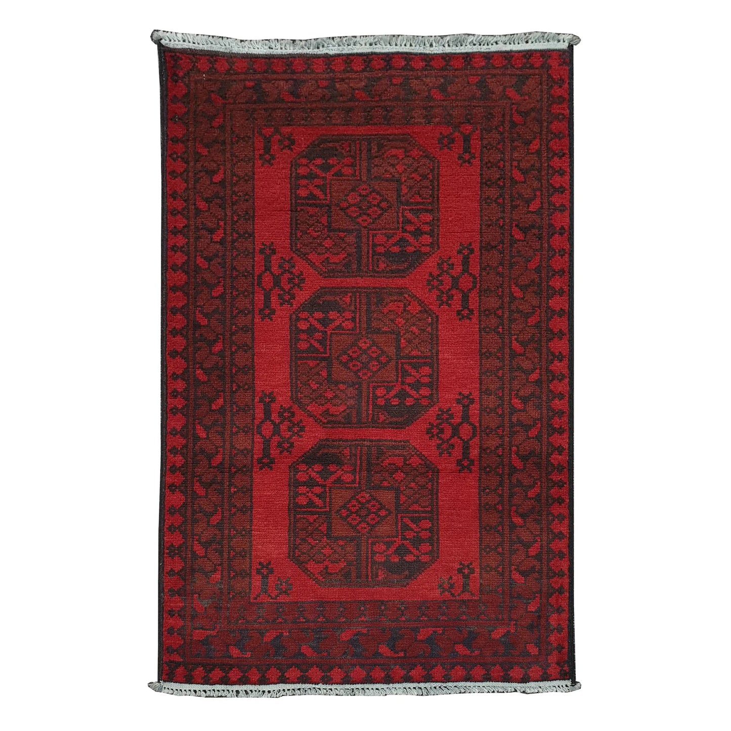 Afghan Turkoman rug 120 x 77 cm full view with red field, dark border and three central gul motifs