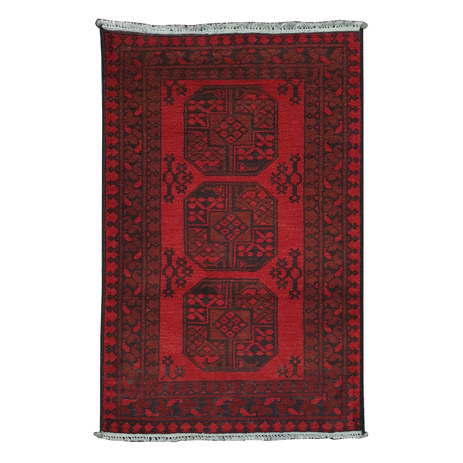 Afghan Turkoman rug 120 x 77 cm full view with red field, dark border and three central gul motifs
