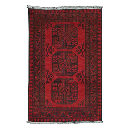 Afghan Turkoman rug 120 x 77 cm full view with red field, dark border and three central gul motifs