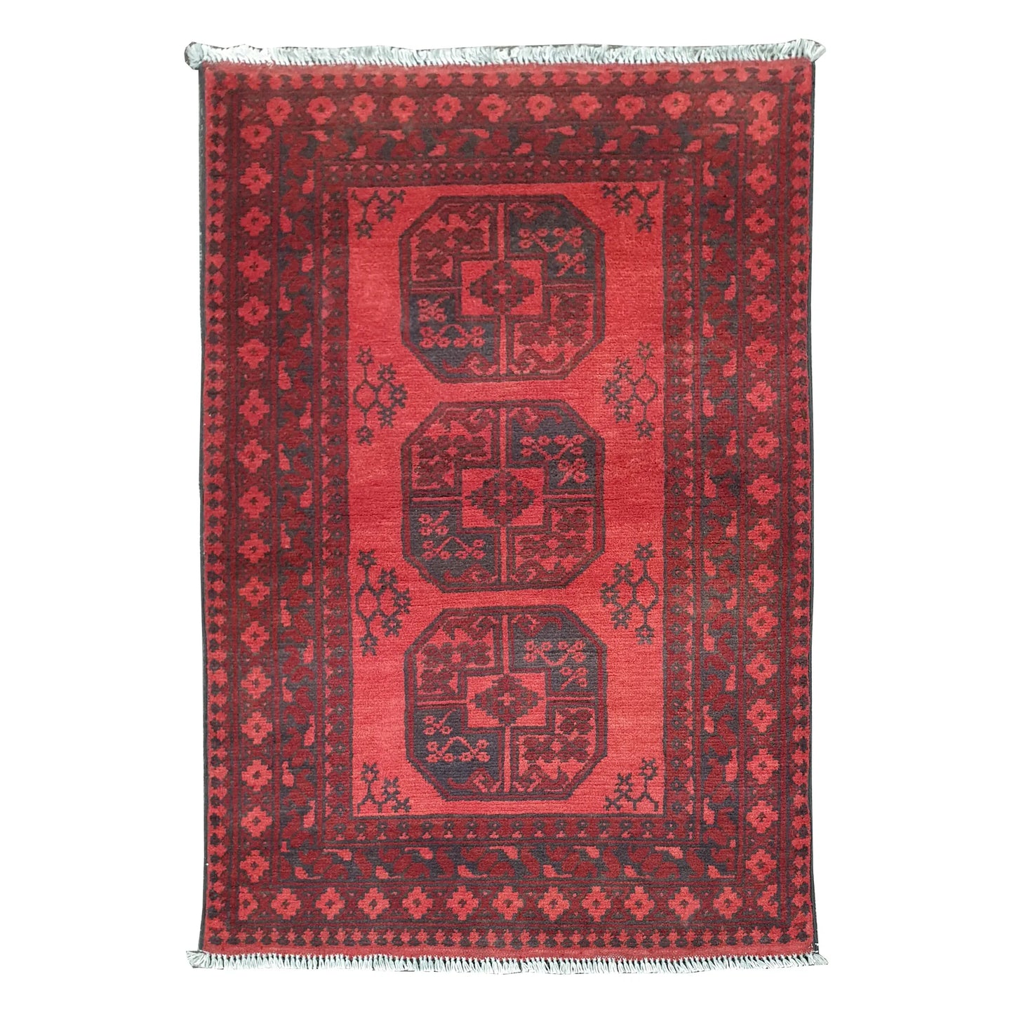 Afghan Turkoman rug 120 x 80 cm full view with red field, dark border and three charcoal gul medallions