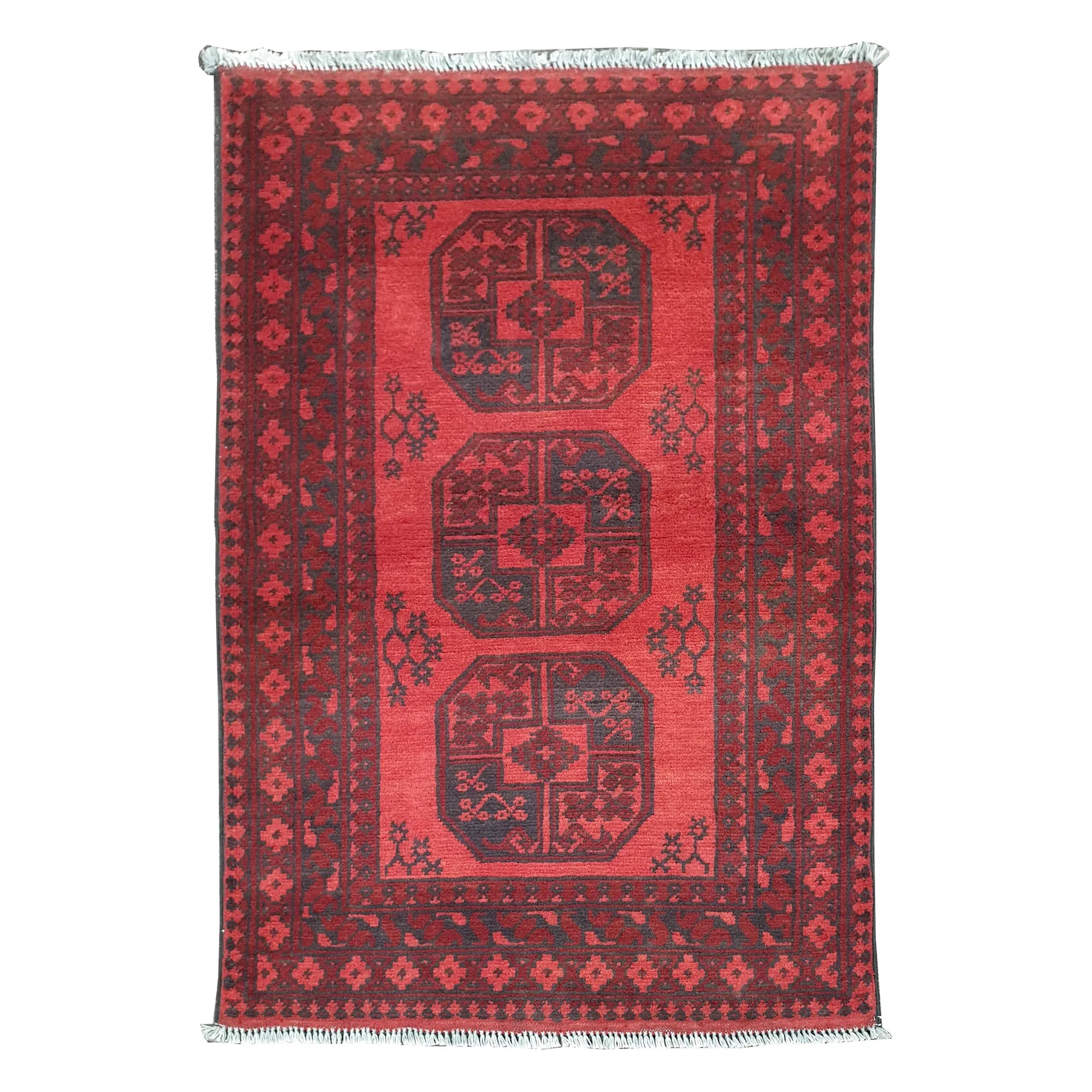 Afghan Turkoman rug 120 x 80 cm full view with red field, dark border and three charcoal gul medallions