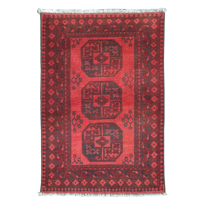 Afghan Turkoman rug 120 x 80 cm full view with red field, dark border and three charcoal gul medallions