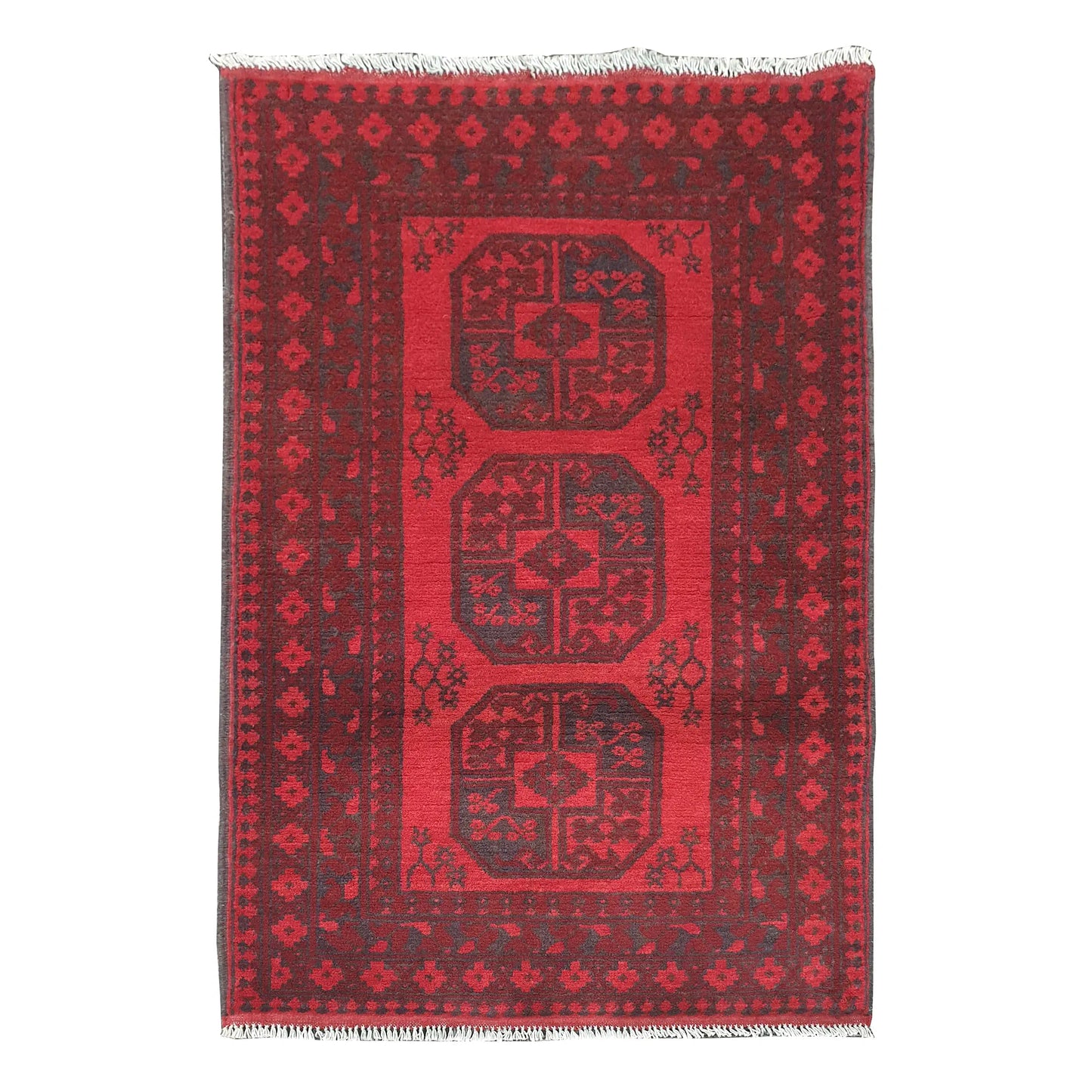 Afghan Turkoman rug 120 x 82 cm full view with red field, dark border and three gul motifs