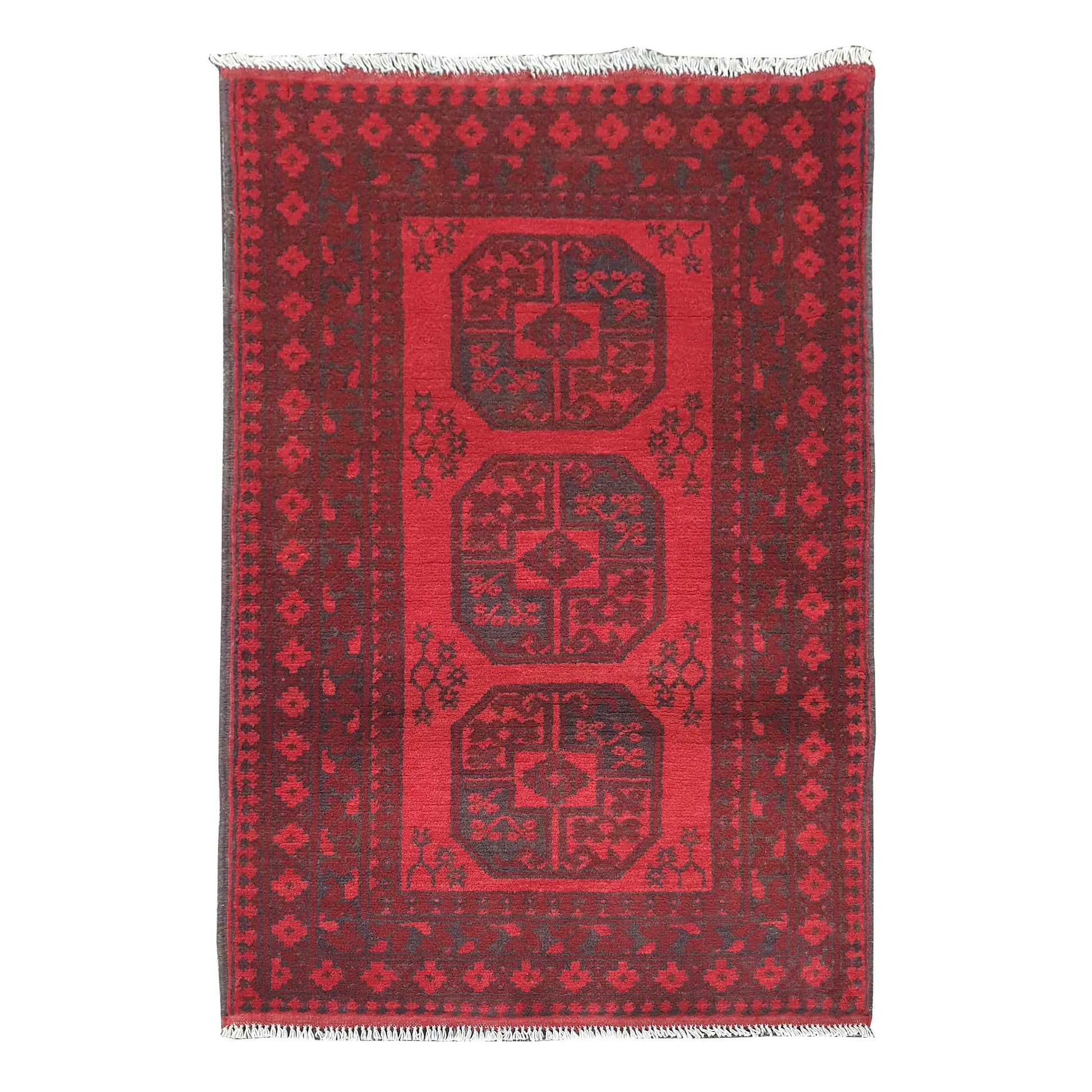 Afghan Turkoman rug 120 x 82 cm full view with red field, dark border and three gul motifs