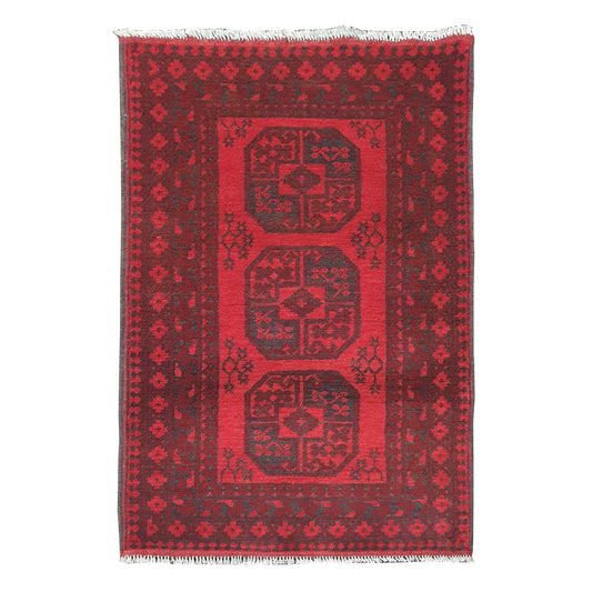 Afghan Turkoman rug 120 x 82 cm full view with red field, dark border and three gul motifs