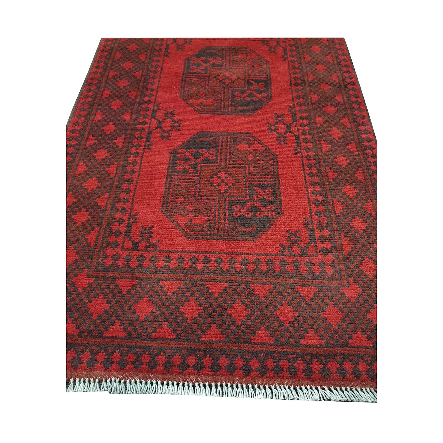 End field and fringe detail of Afghan Turkoman rug with red field, gul motifs and charcoal tribal border