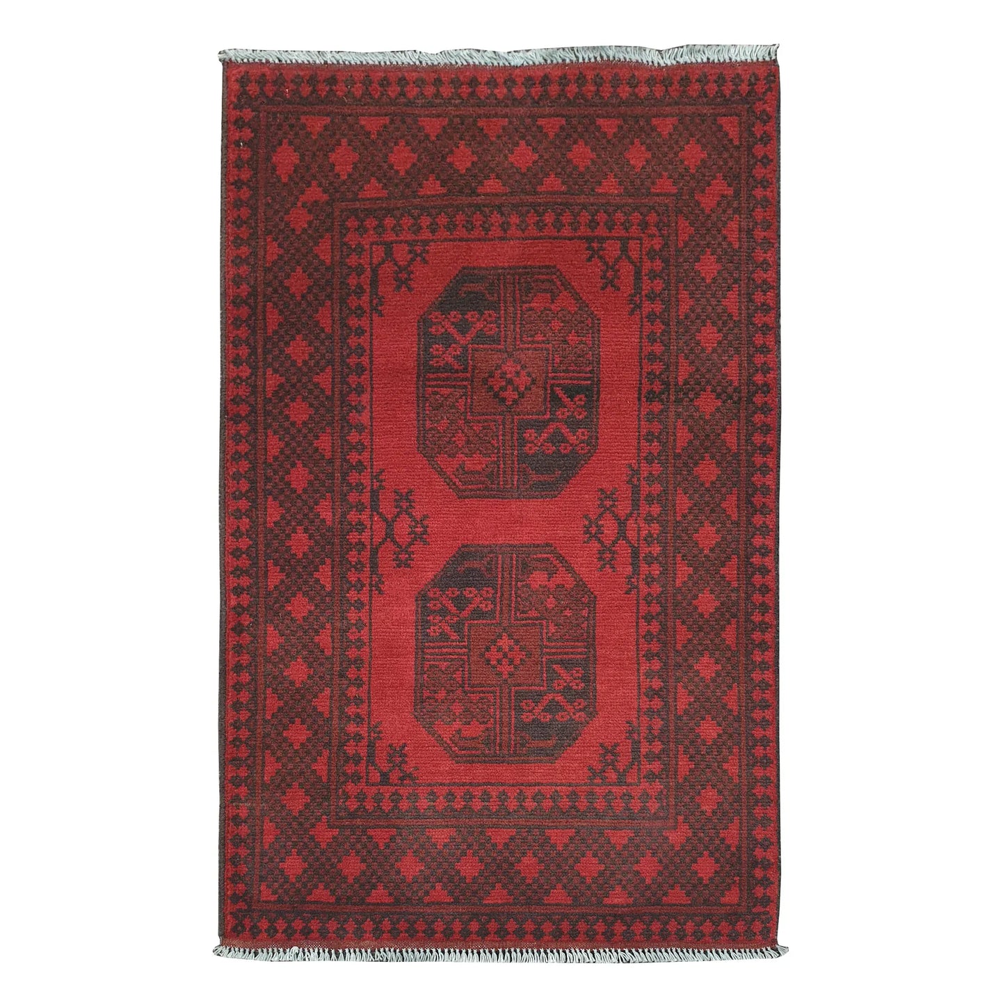 Afghan Turkoman rug 121 x 75 cm full view with red field, dark border and two central gul motifs