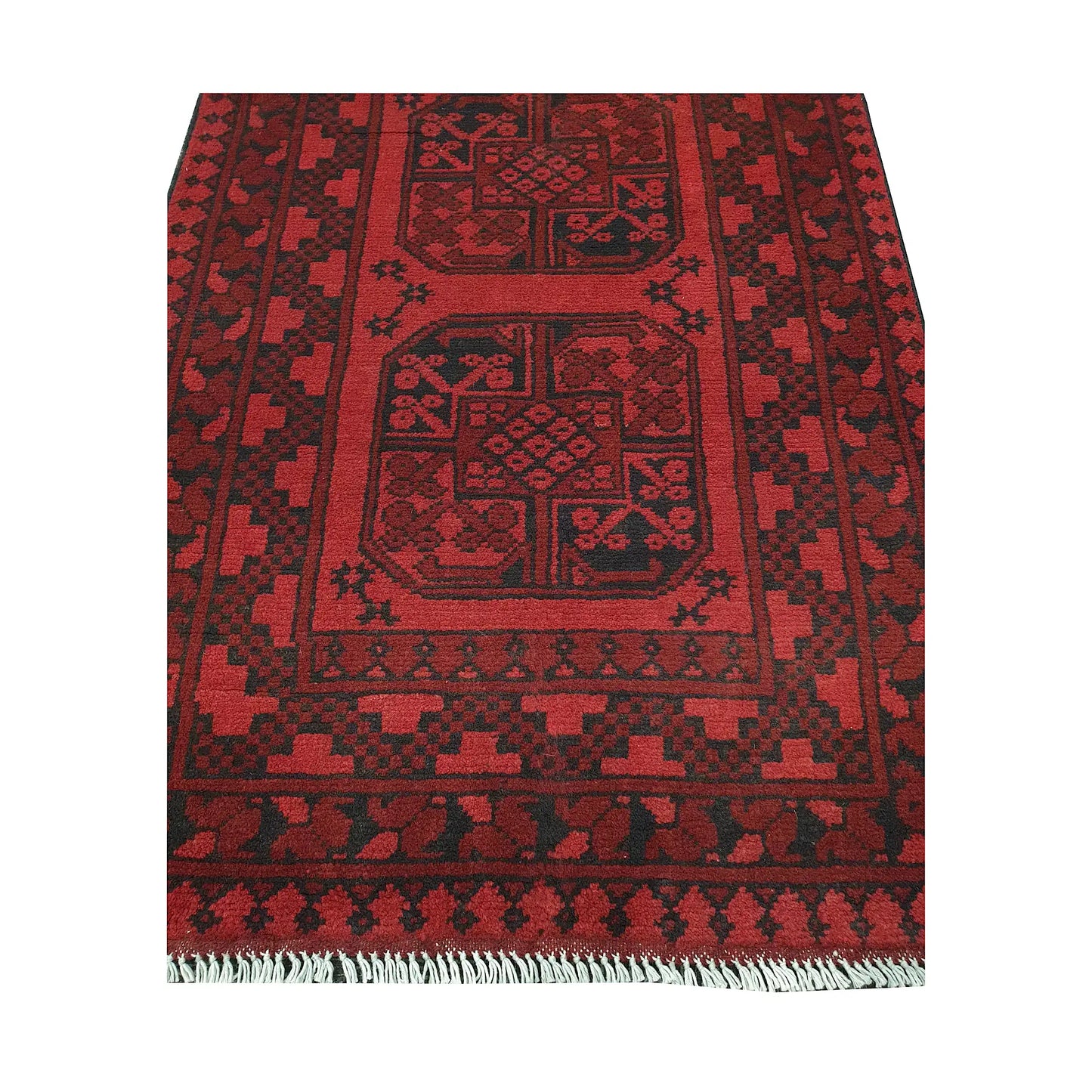 End field and fringe detail of Afghan Turkoman rug with framed red gul panel and charcoal tribal motifs