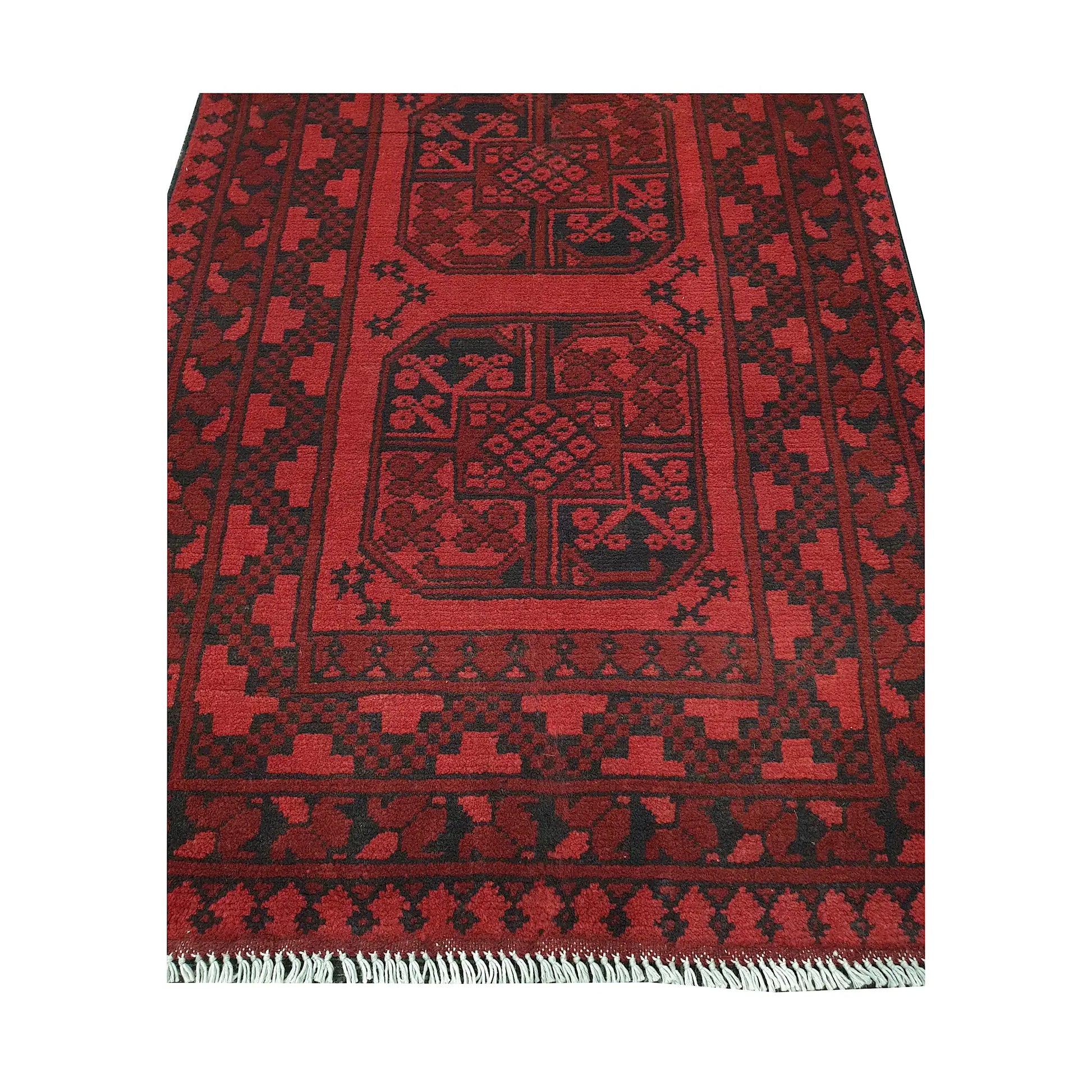 End field and fringe detail of Afghan Turkoman rug with framed red gul panel and charcoal tribal motifs