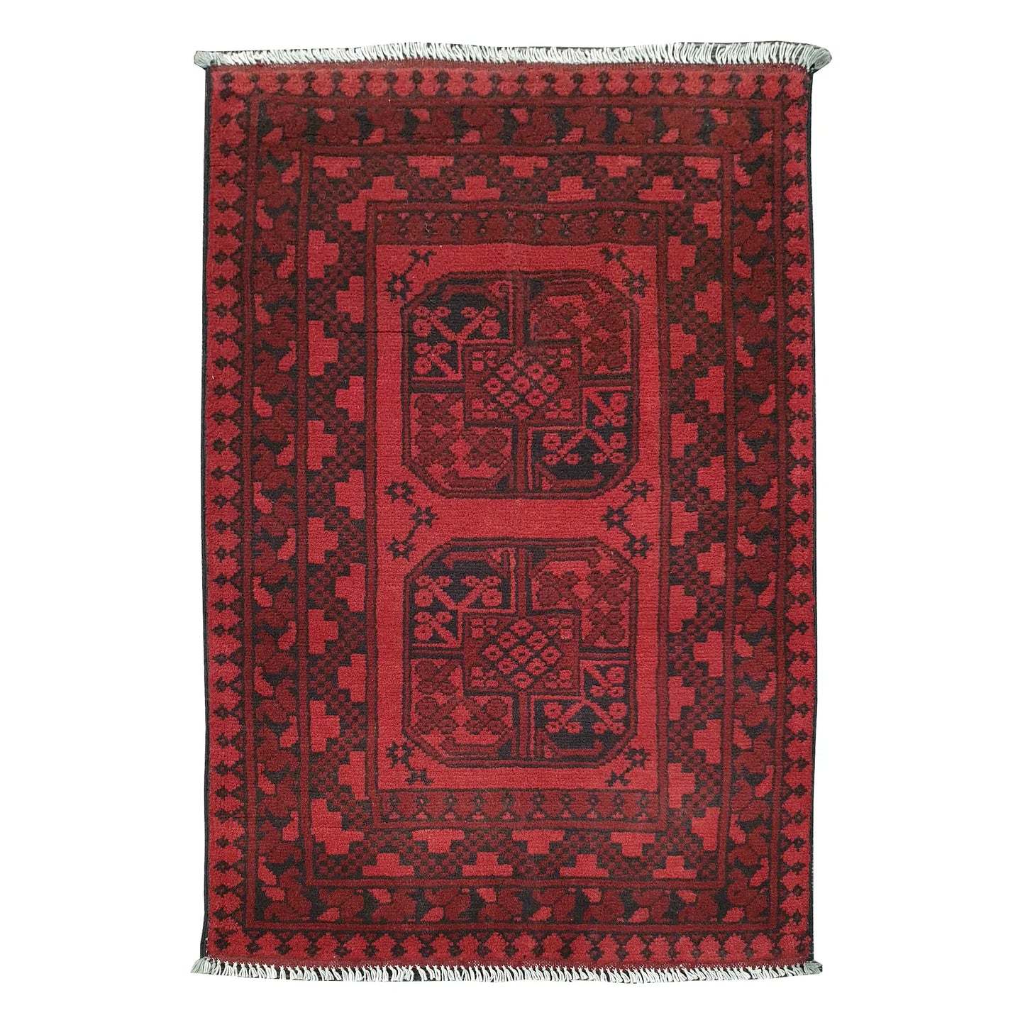 Afghan Turkoman rug 123 x 78 cm full view with red field, dark border and framed gul panel design