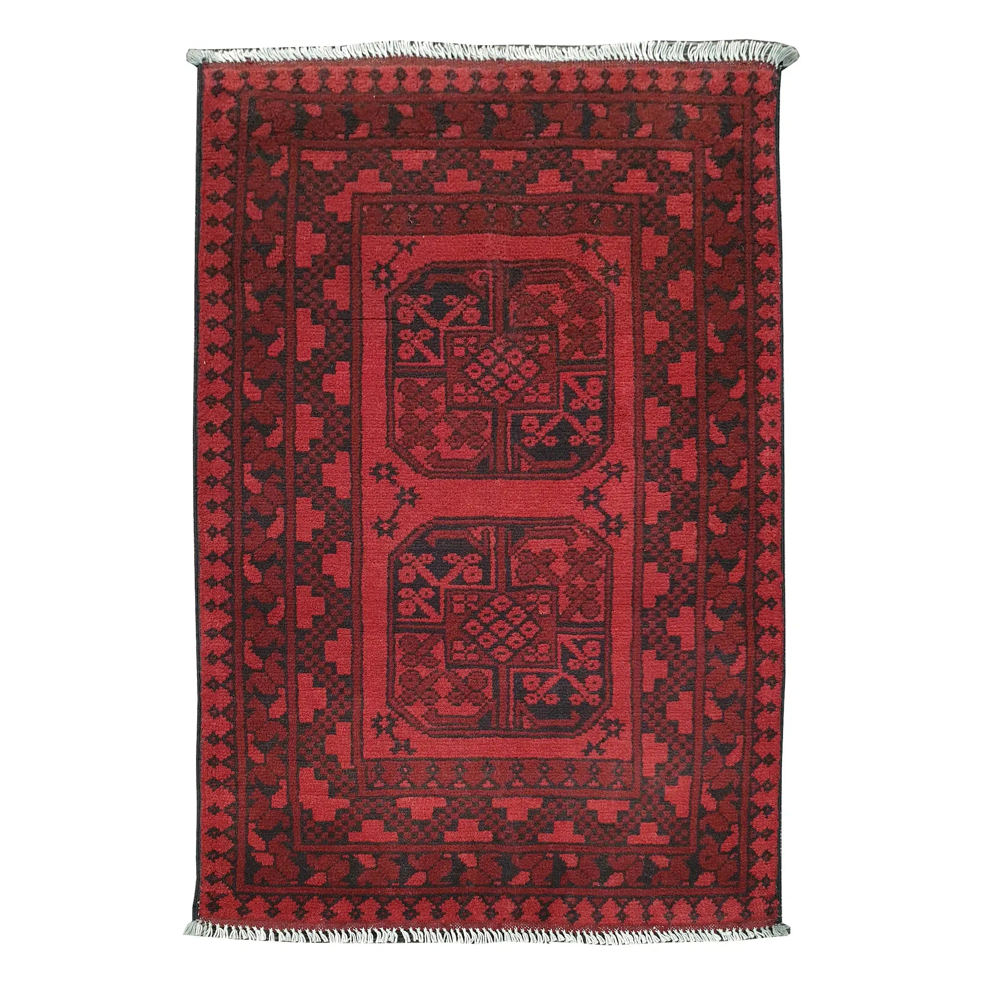 Afghan Turkoman rug 123 x 78 cm full view with red field, dark border and framed gul panel design