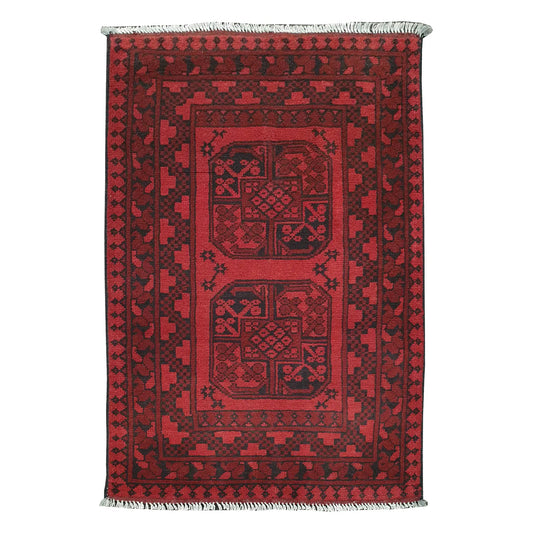 Afghan Turkoman rug 123 x 78 cm full view with red field, dark border and framed gul panel design
