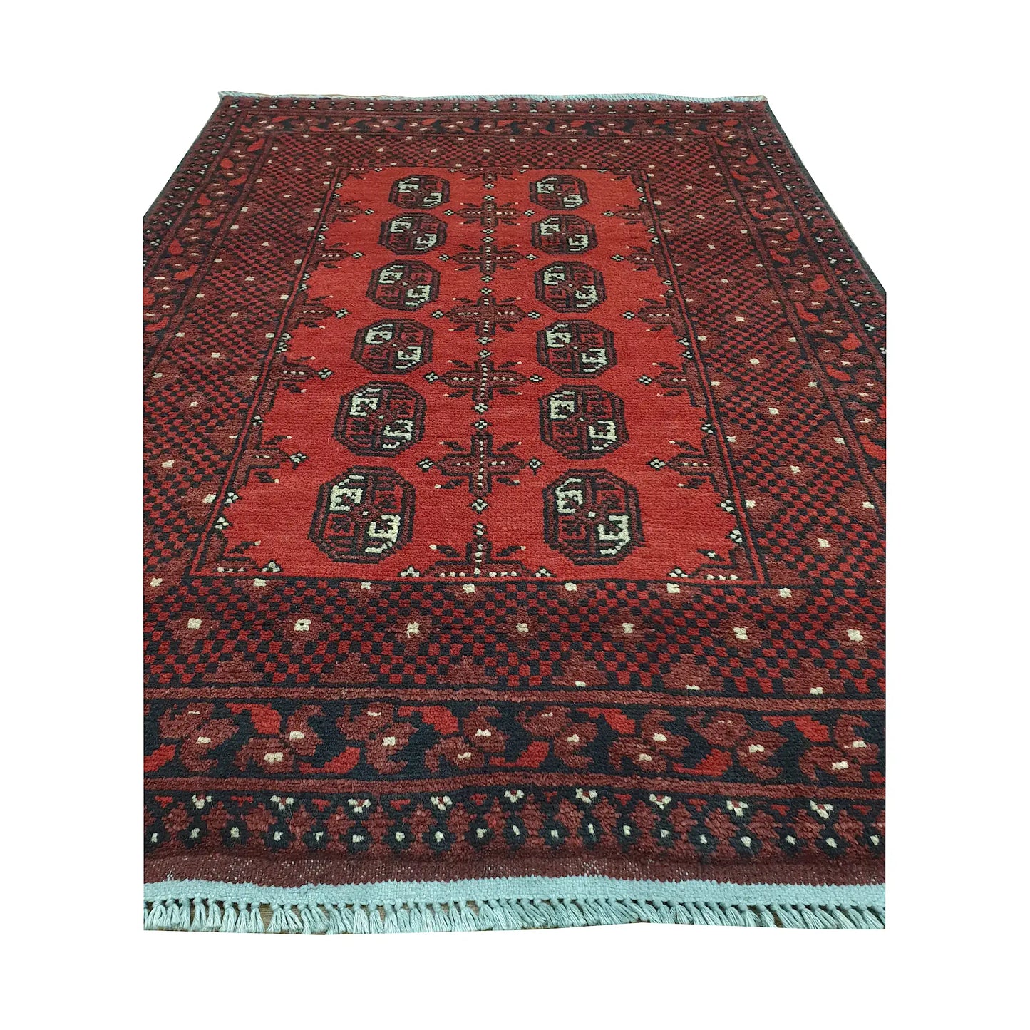 End field and fringe detail of Afghan Turkoman rug with red ground, twelve gul medallions and dark tribal border