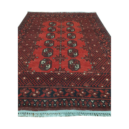 End field and fringe detail of Afghan Turkoman rug with red ground, twelve gul medallions and dark tribal border