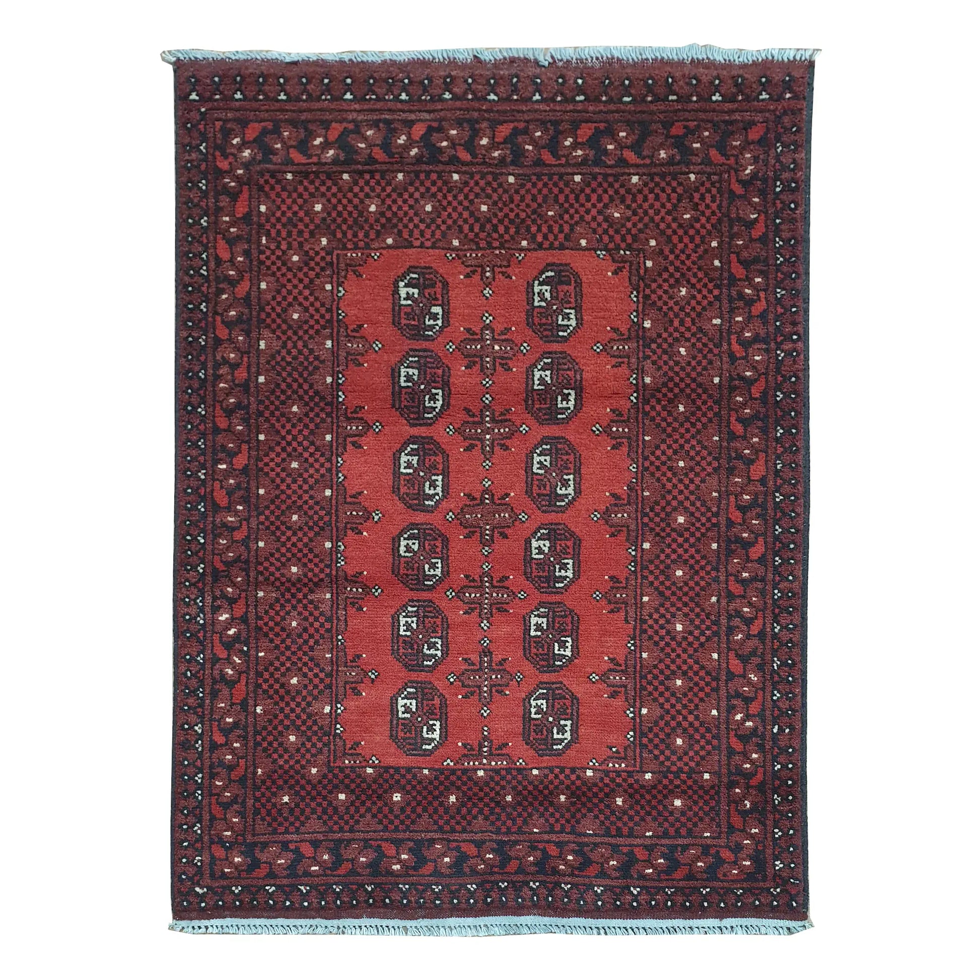 Afghan Turkoman rug 140 x 97 cm full view with red field, dark border and twelve gul medallions