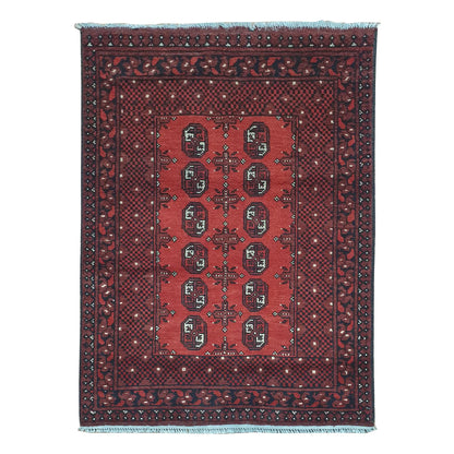 Afghan Turkoman rug 140 x 97 cm full view with red field, dark border and twelve gul medallions
