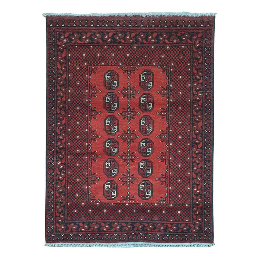 Afghan Turkoman rug 140 x 97 cm full view with red field, dark border and twelve gul medallions